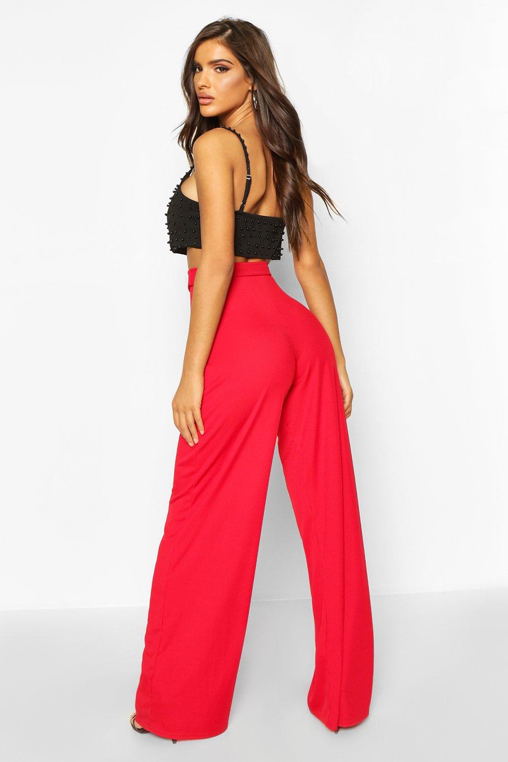 Black High Waisted Rib Wide Leg Pants