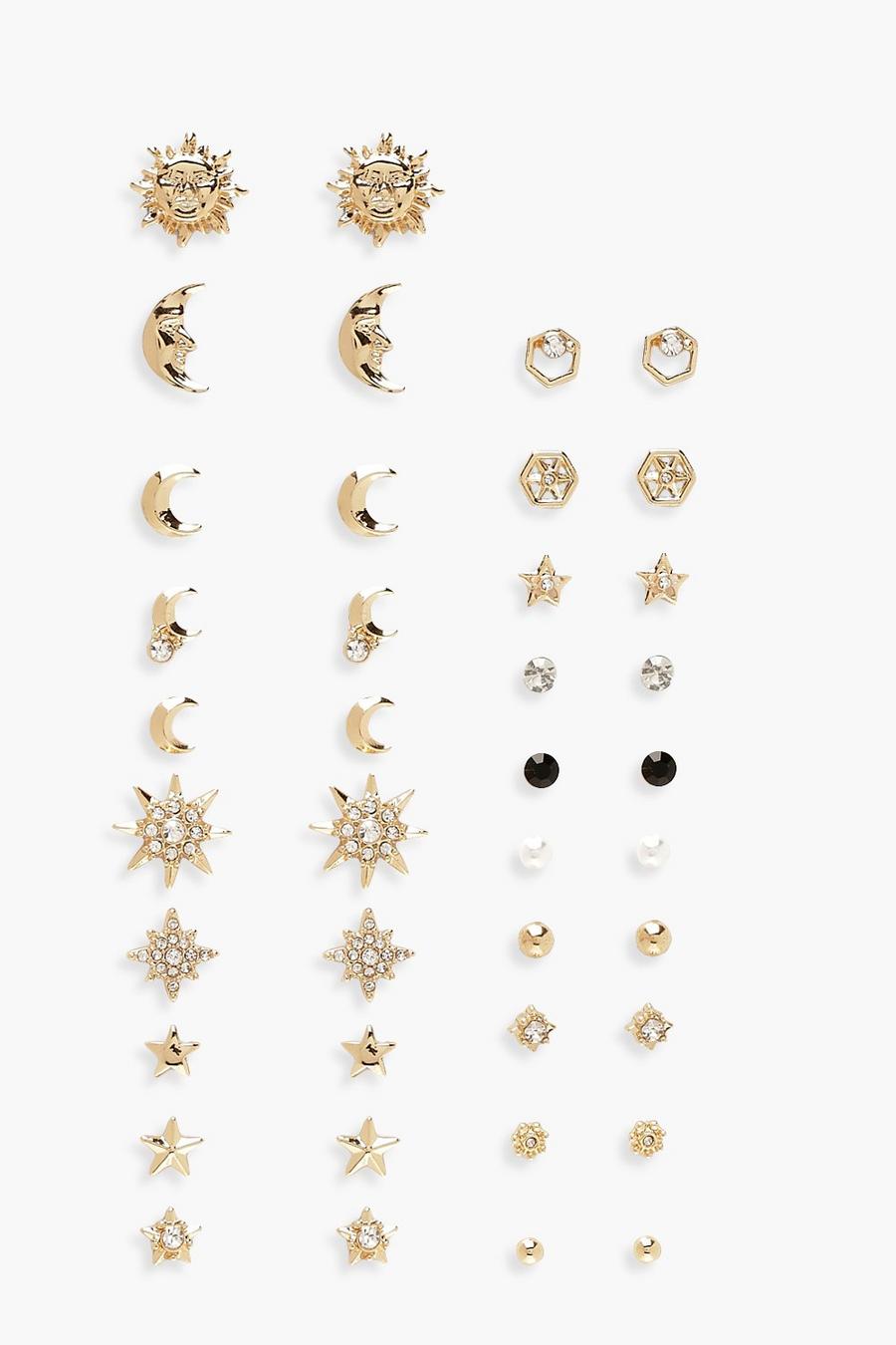 Confezione extra da 20 paia di orecchini a bottone con motivi celestiali, Oro image number 1