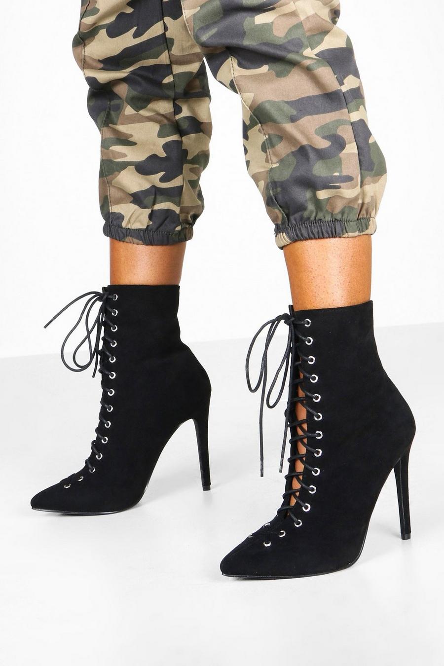 Black Lace Up Stiletto Sock Boots image number 1