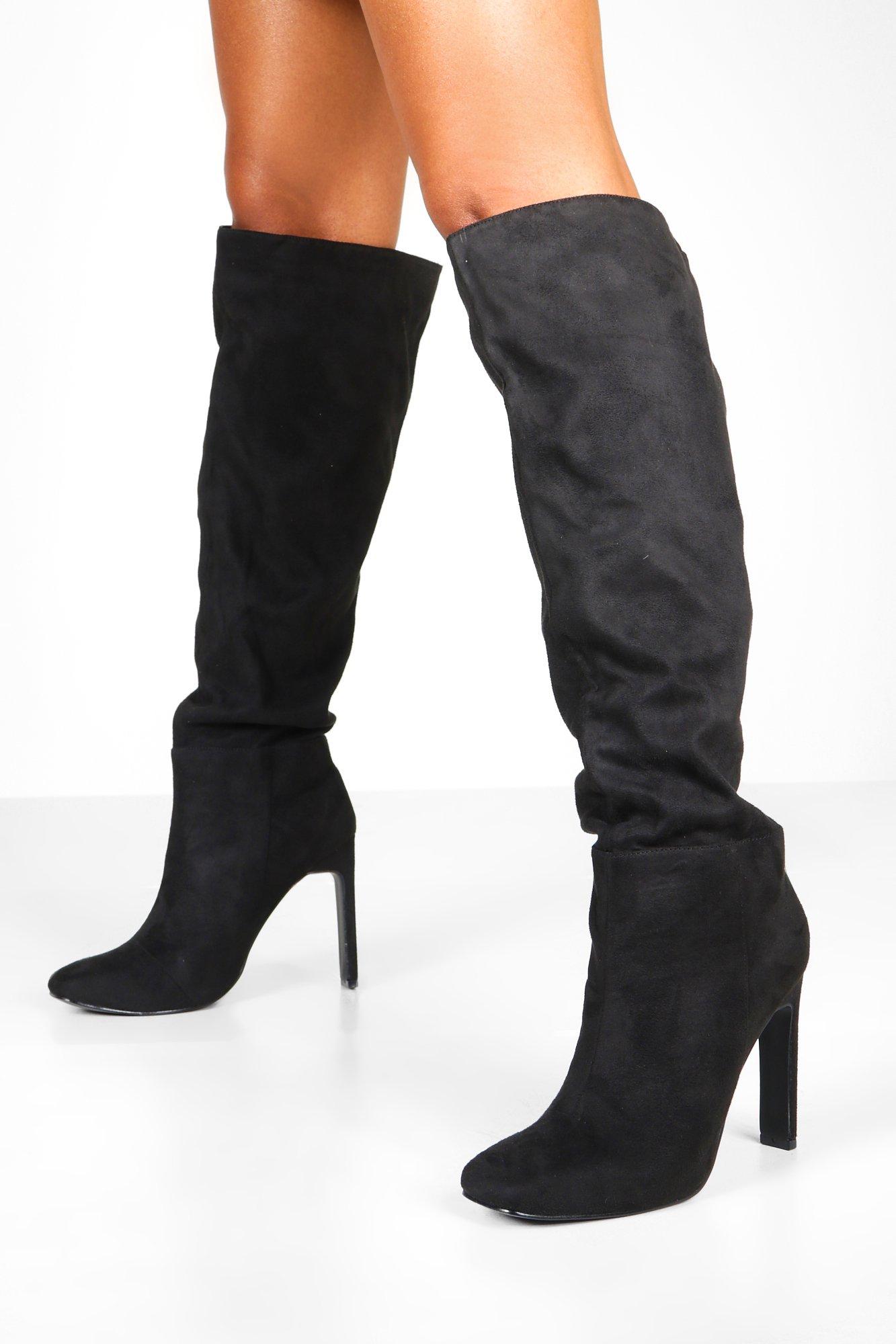 black square toe knee high boots