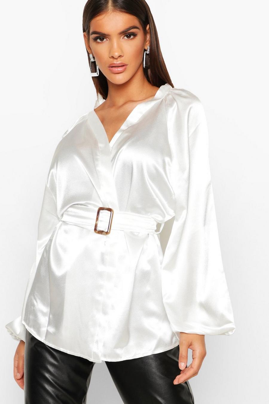 Ivory white Satin Belted Buckle Detail Kimono image number 1