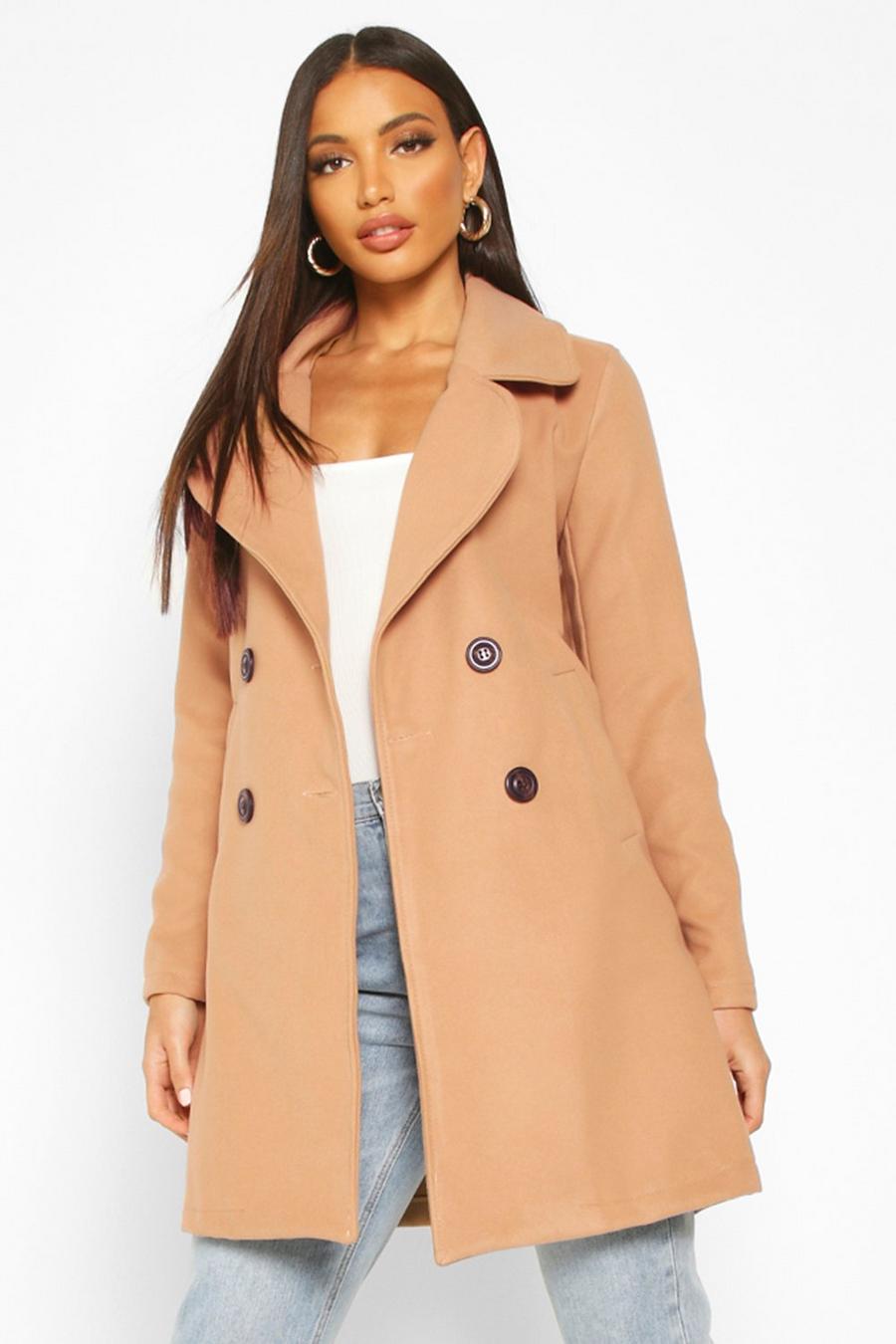 Camel beige Double Breasted Collared Wool Look Coat