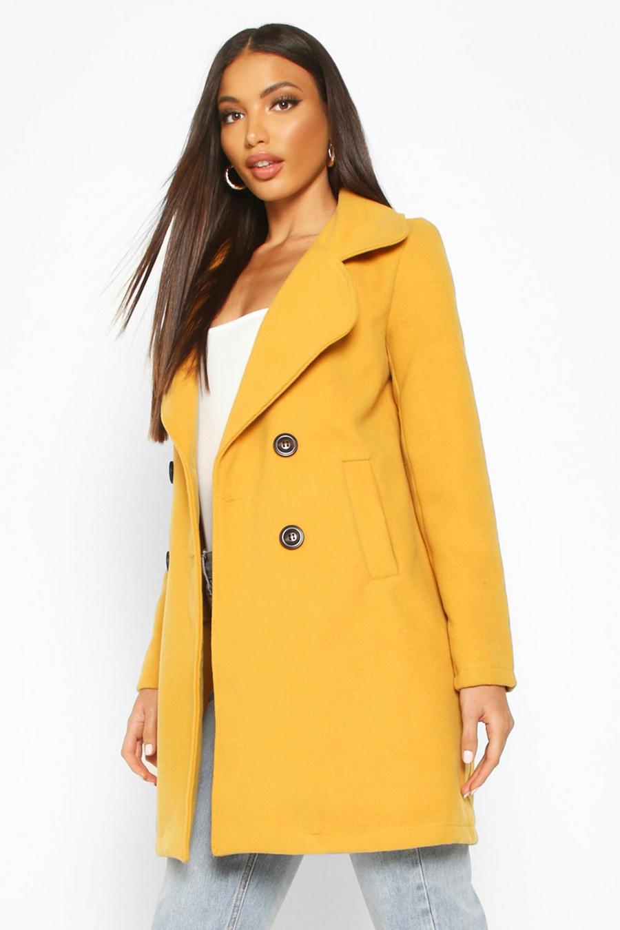 Mustard amarillo Double Breasted Collared Wool Look Coat