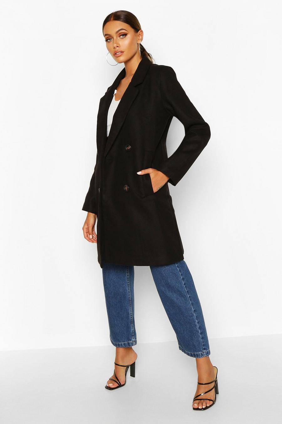Black Double Breasted Slim Fit Wool Look Coat image number 1