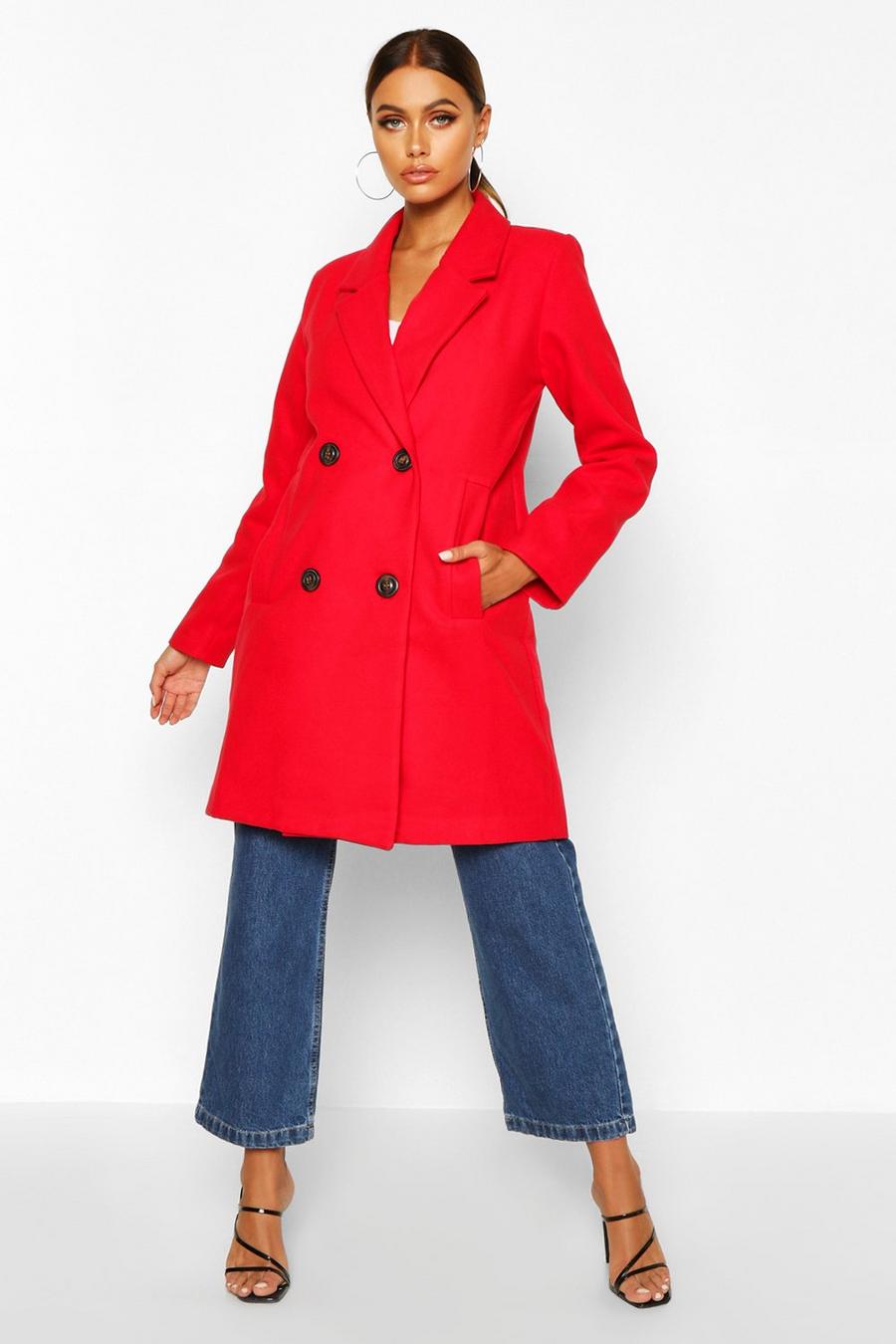 Red Double Breasted Slim Fit Wool Look Coat image number 1