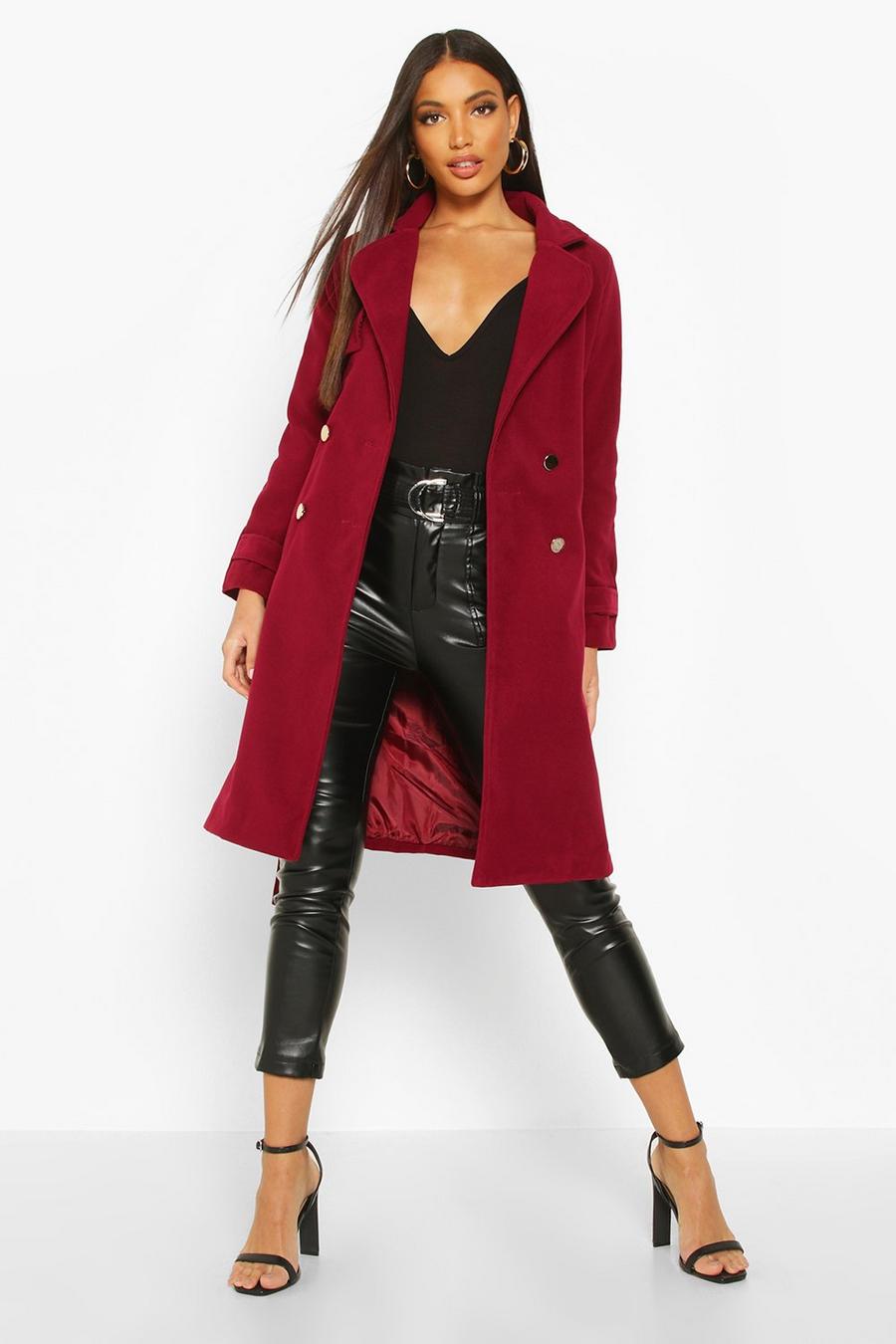 Wine Belted Military Double Breasted Trench Coat image number 1