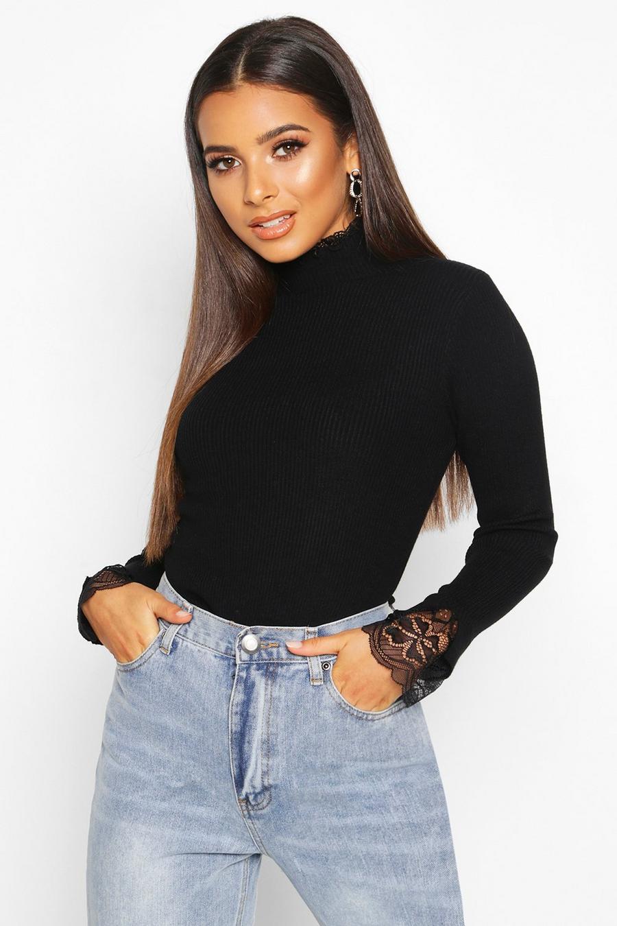 Knitted Lace Ruffle Rib Turtle Neck Top image number 1