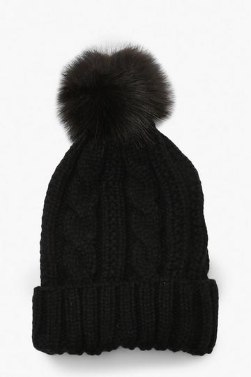 Cable Knit Faux Pom Beanie