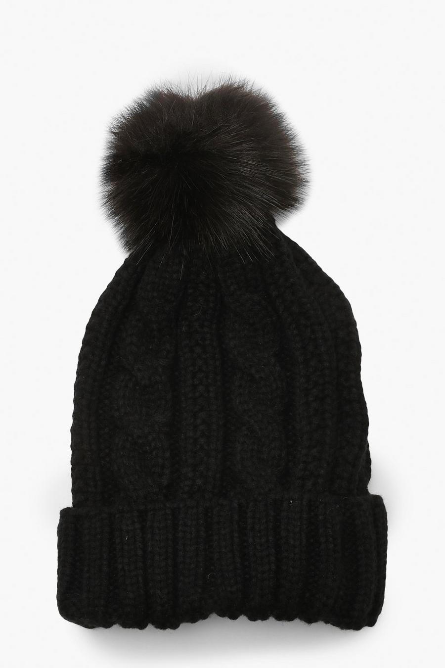 Black Cable Knit Faux Pom Beanie image number 1