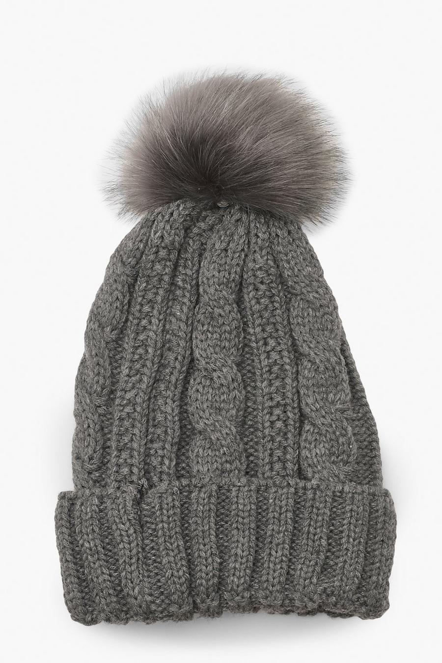 Grey marl Cable Knit Faux Pom Beanie image number 1