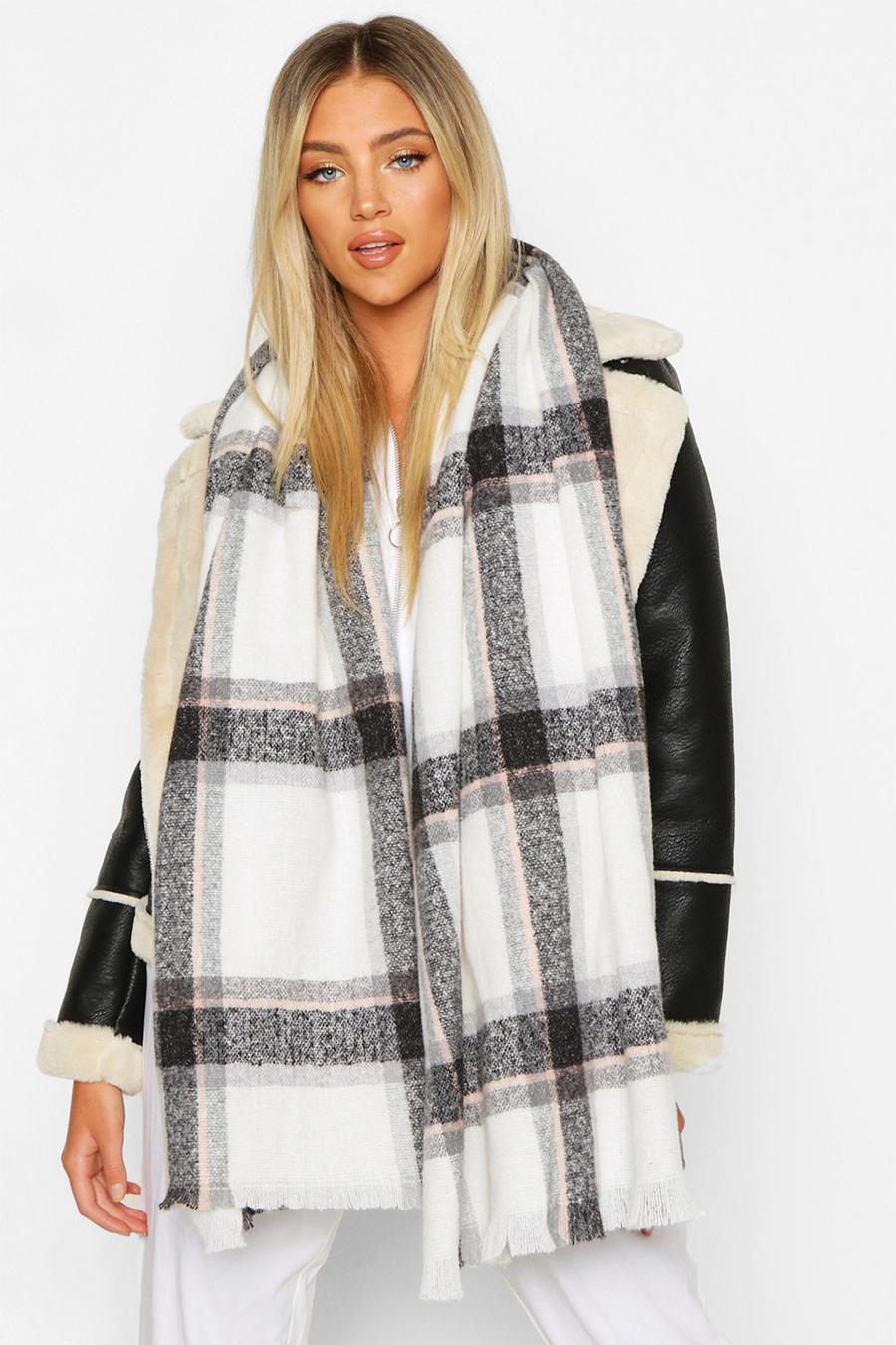 Cream white Check Patterned Scarf
