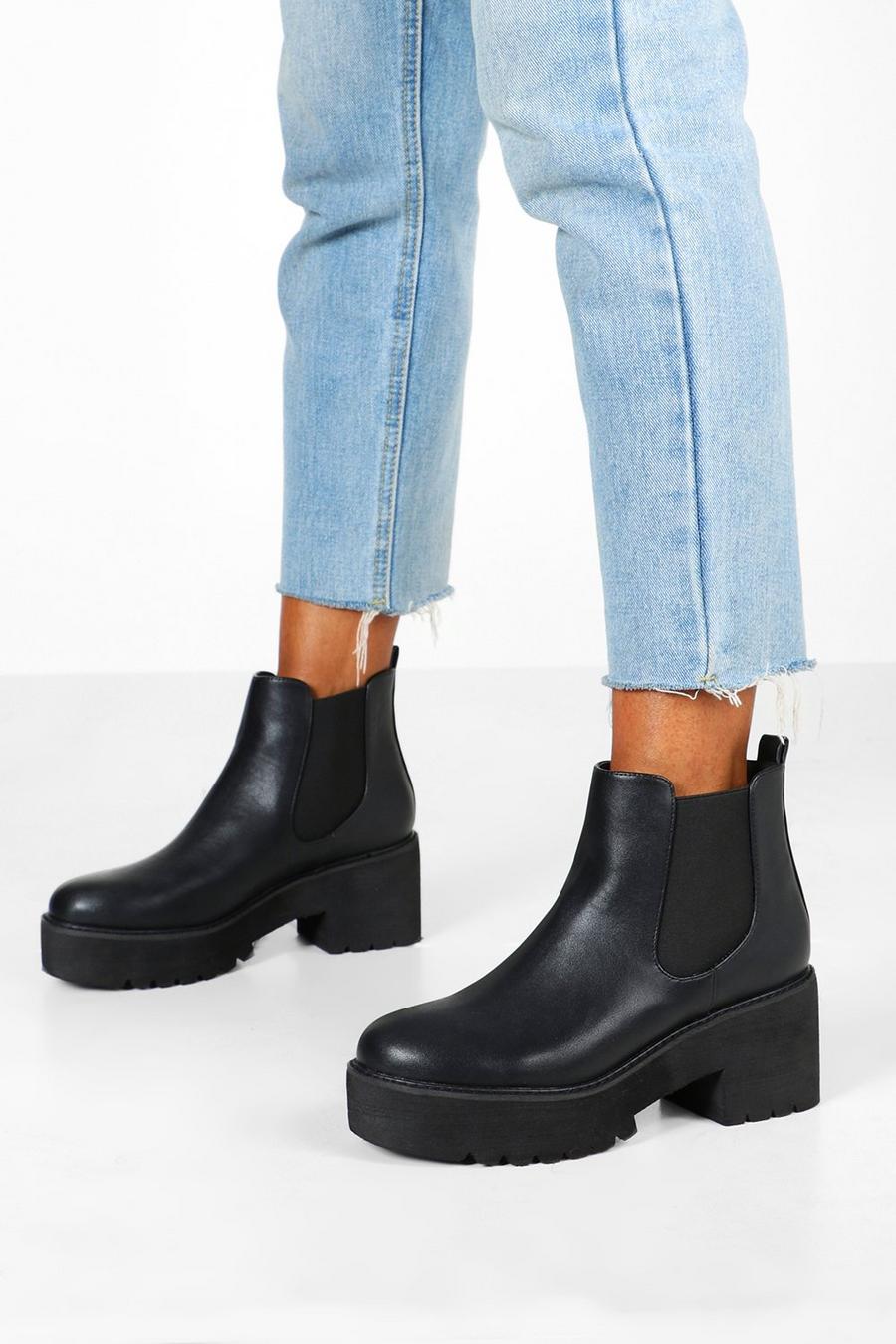 Black Chunky Platform Cleated Chelsea Boots image number 1