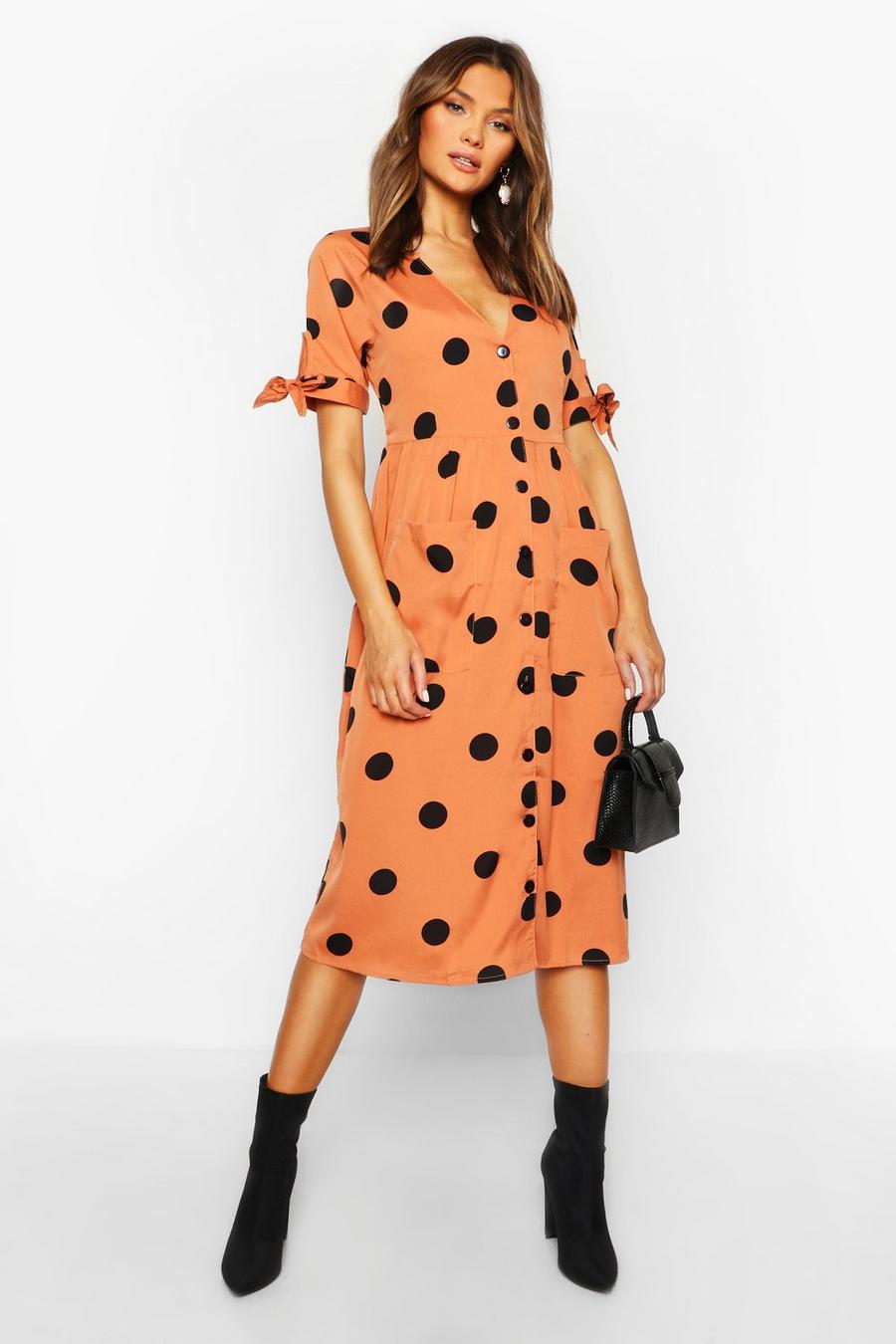 Apricot Large Polka Dot Button Midi Smock Dress image number 1