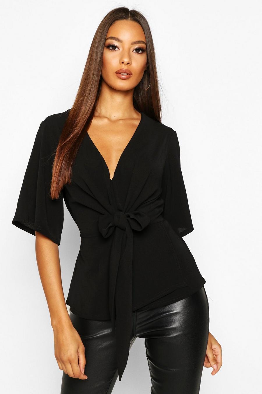 Black Tie Front Woven Blouse image number 1