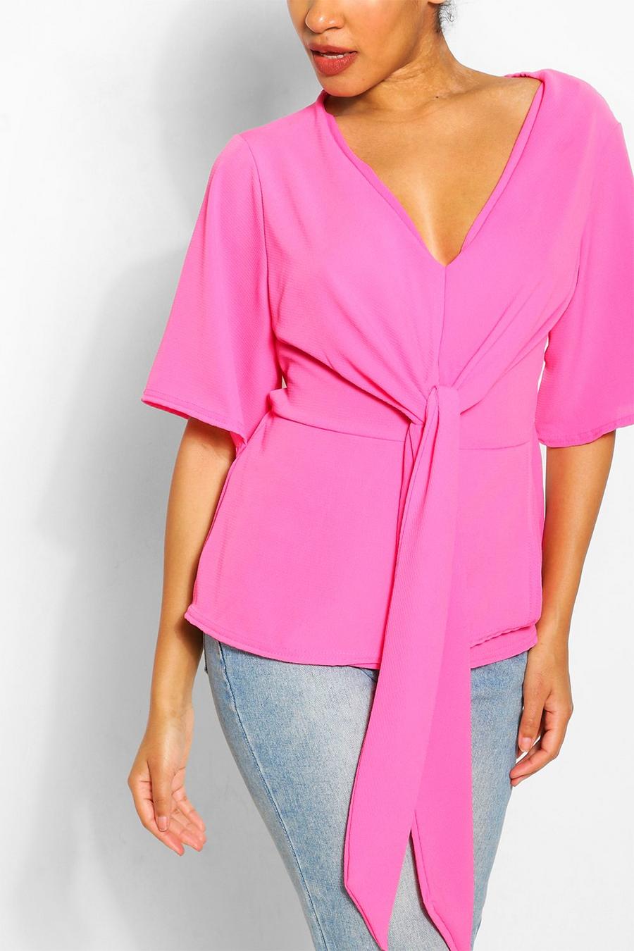 Gewebte Bluse mit Knoten vorne, Hot pink image number 1