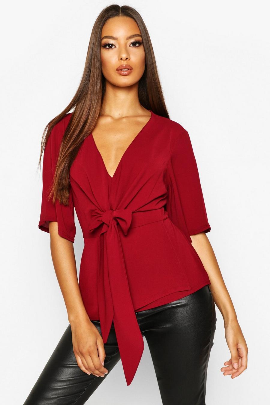 Wine Knot Front Woven Blouse image number 1