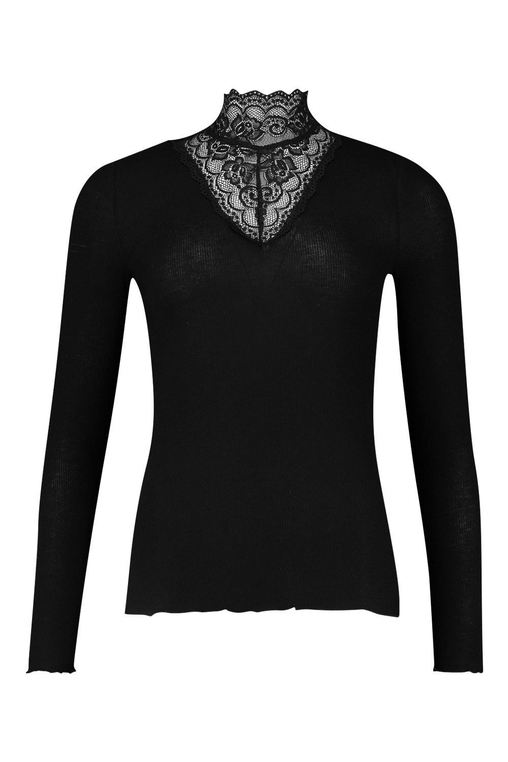 Lace Insert High Neck Rib Top