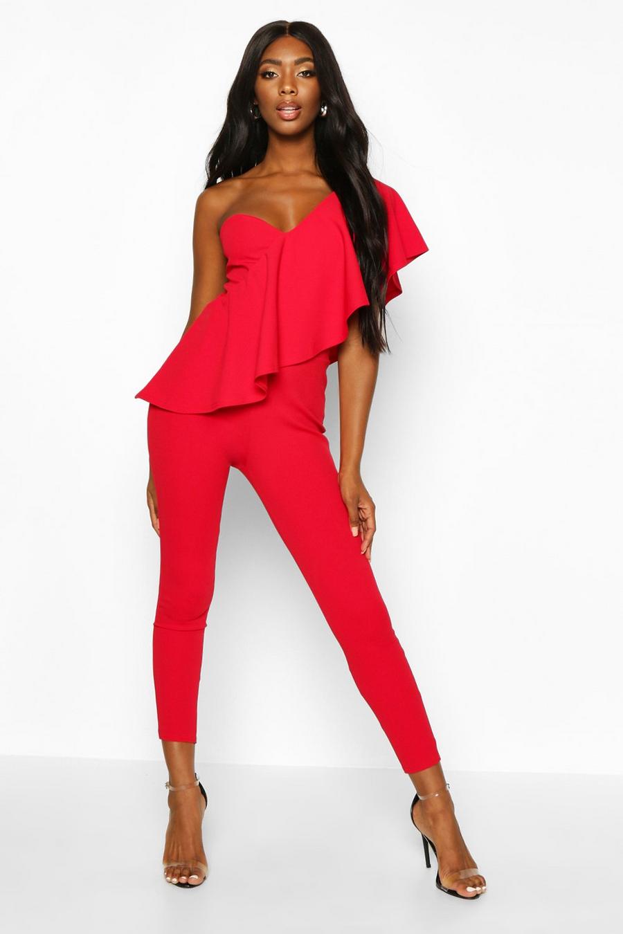 Red One Shoulder Ruffle Jumpsuit image number 1