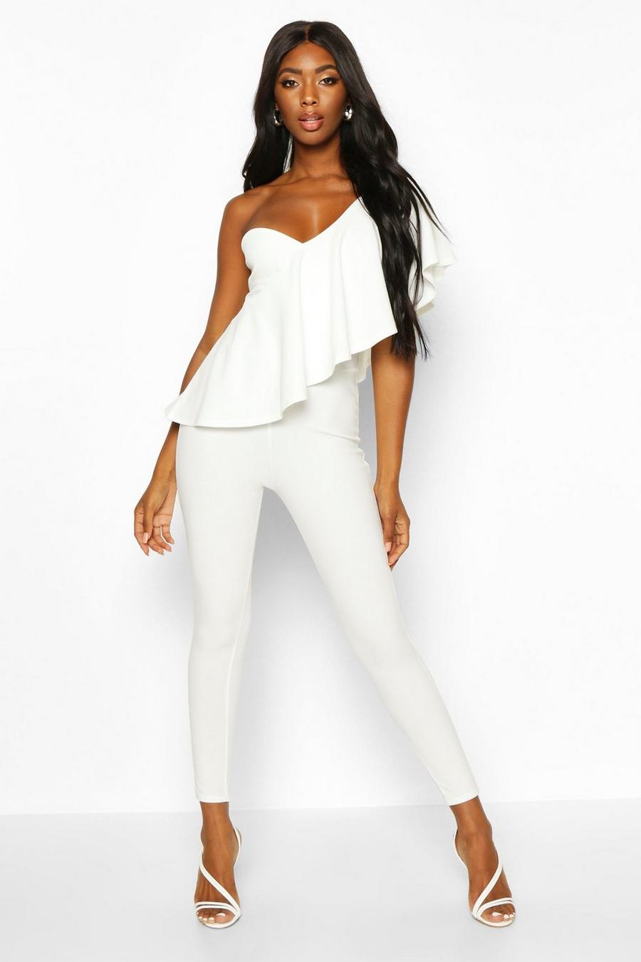 White One Shoulder Ruffle Jumpsuit image number 1