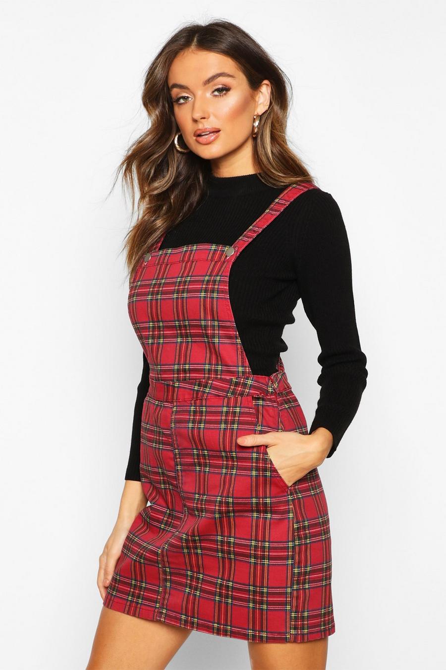 Red Tartan Check Denim Pinafore Dress image number 1