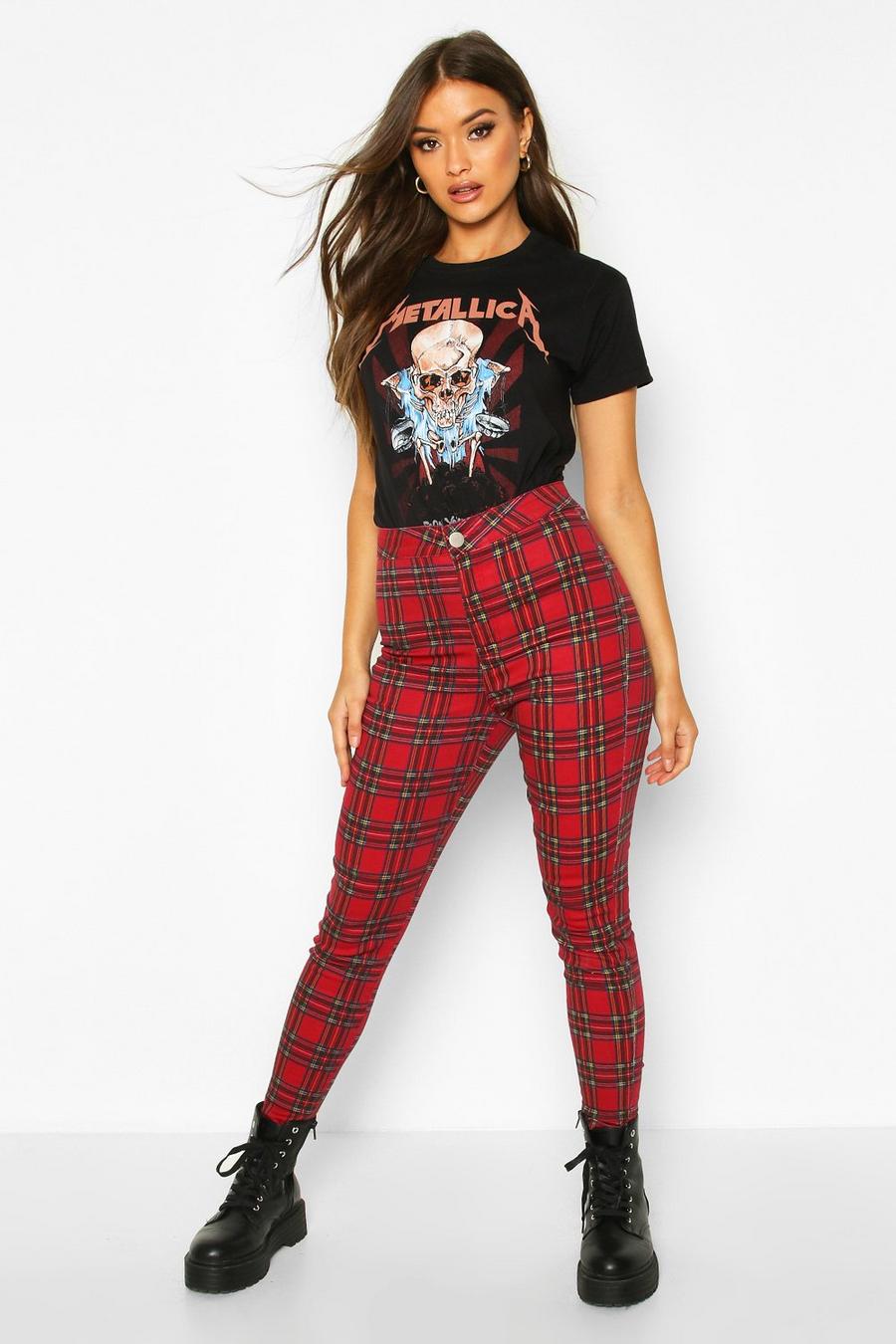 Red Plaid Check Skinny Jeans image number 1