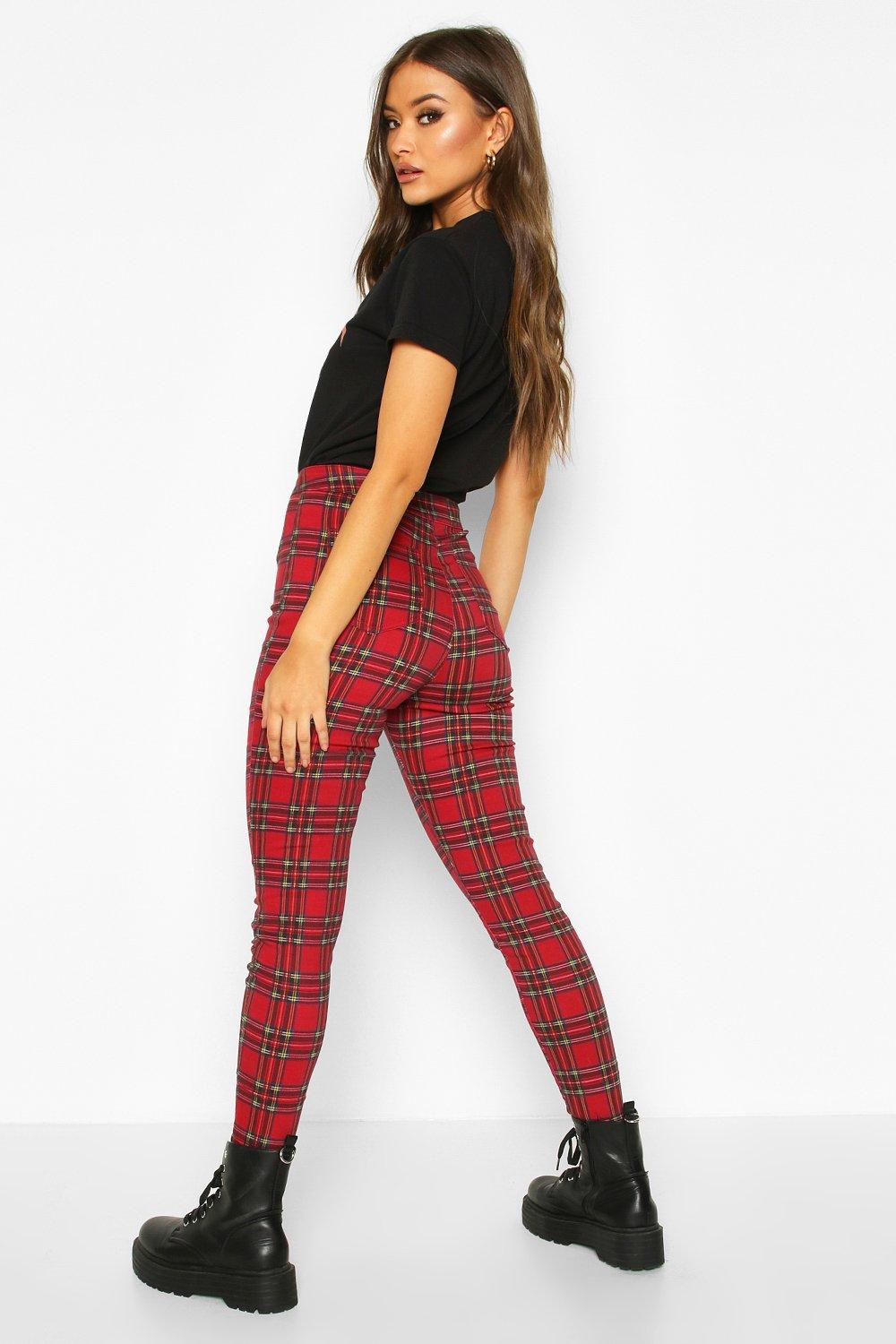 High waisted hot sale plaid skinny jeans