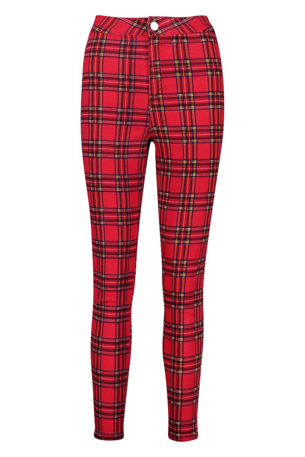 Red checkered skinny sales jeans