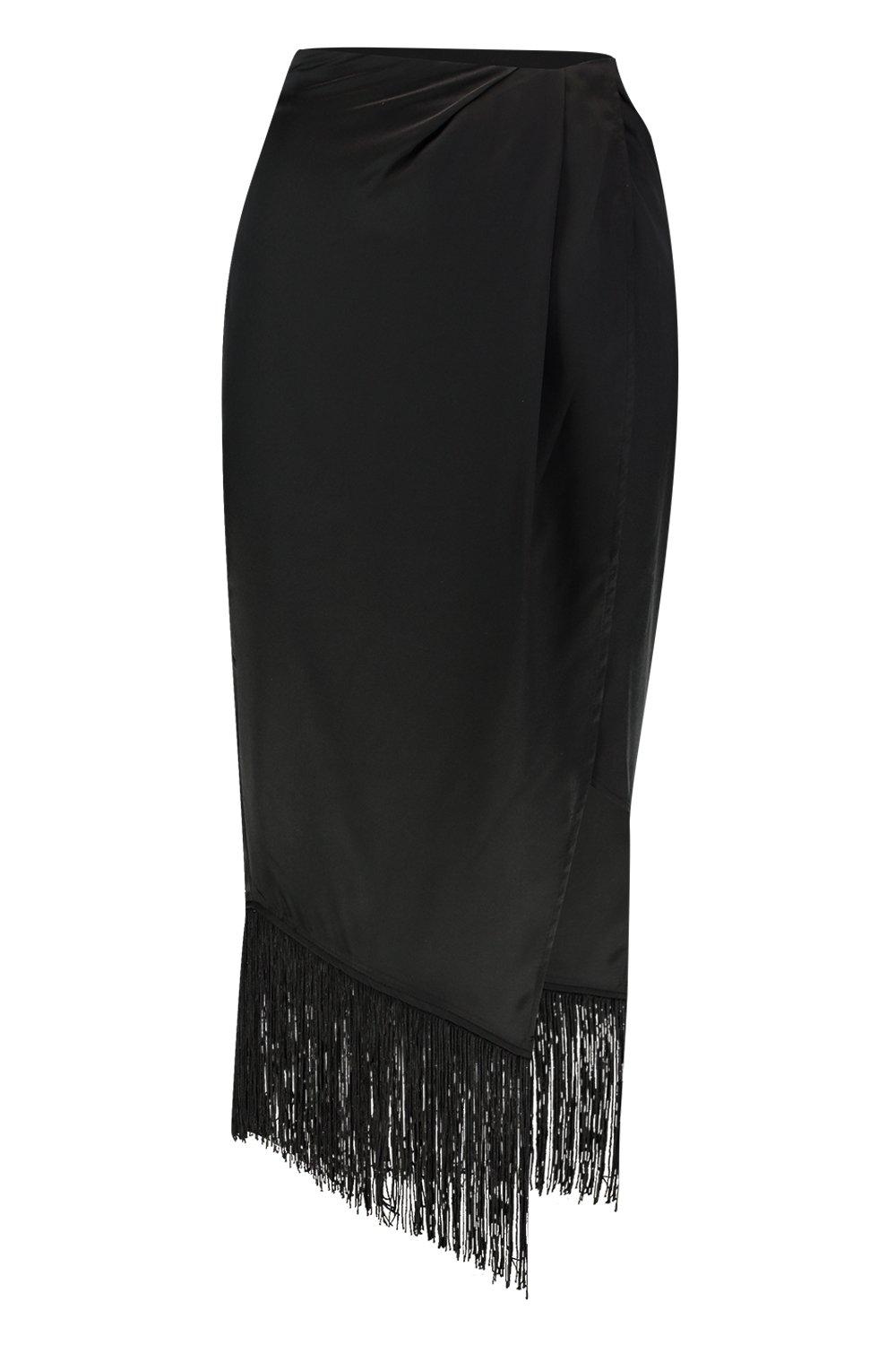 Fringe Hem Detail Wrap Midi Skirt boohoo