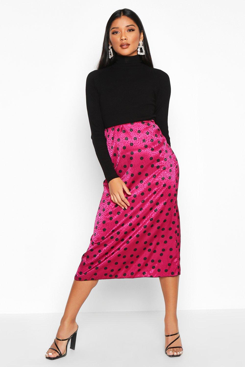 Jupe midi biais a pois en satin jacquard