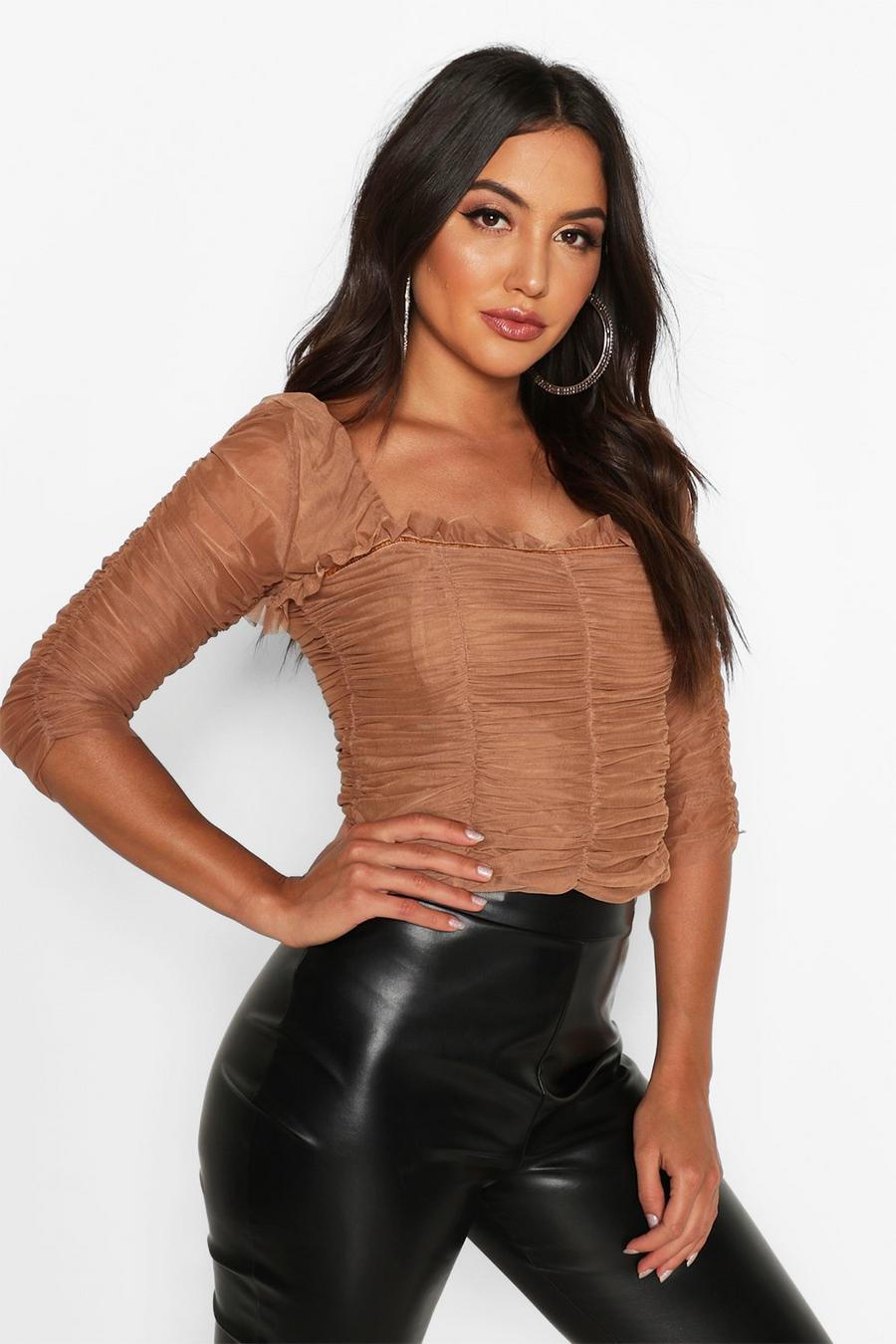 Camel All Over Ruched Mesh Top image number 1