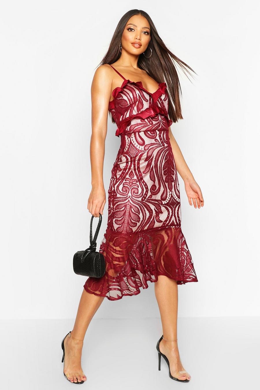 Berry Midi-jurk met kant en visgraatmotief image number 1