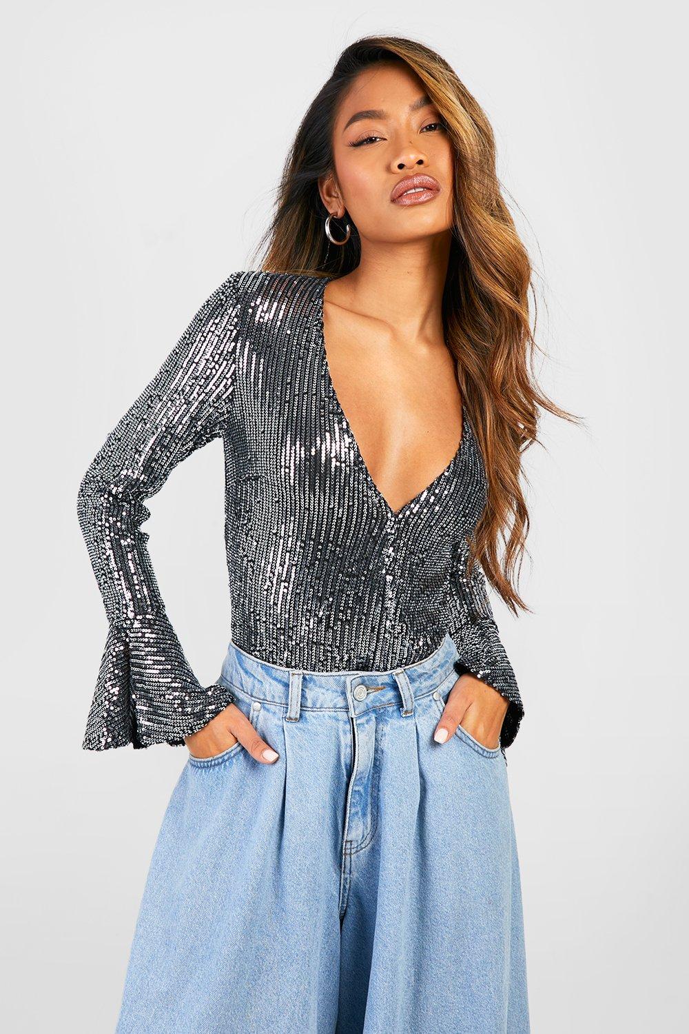 black sequin wrap top