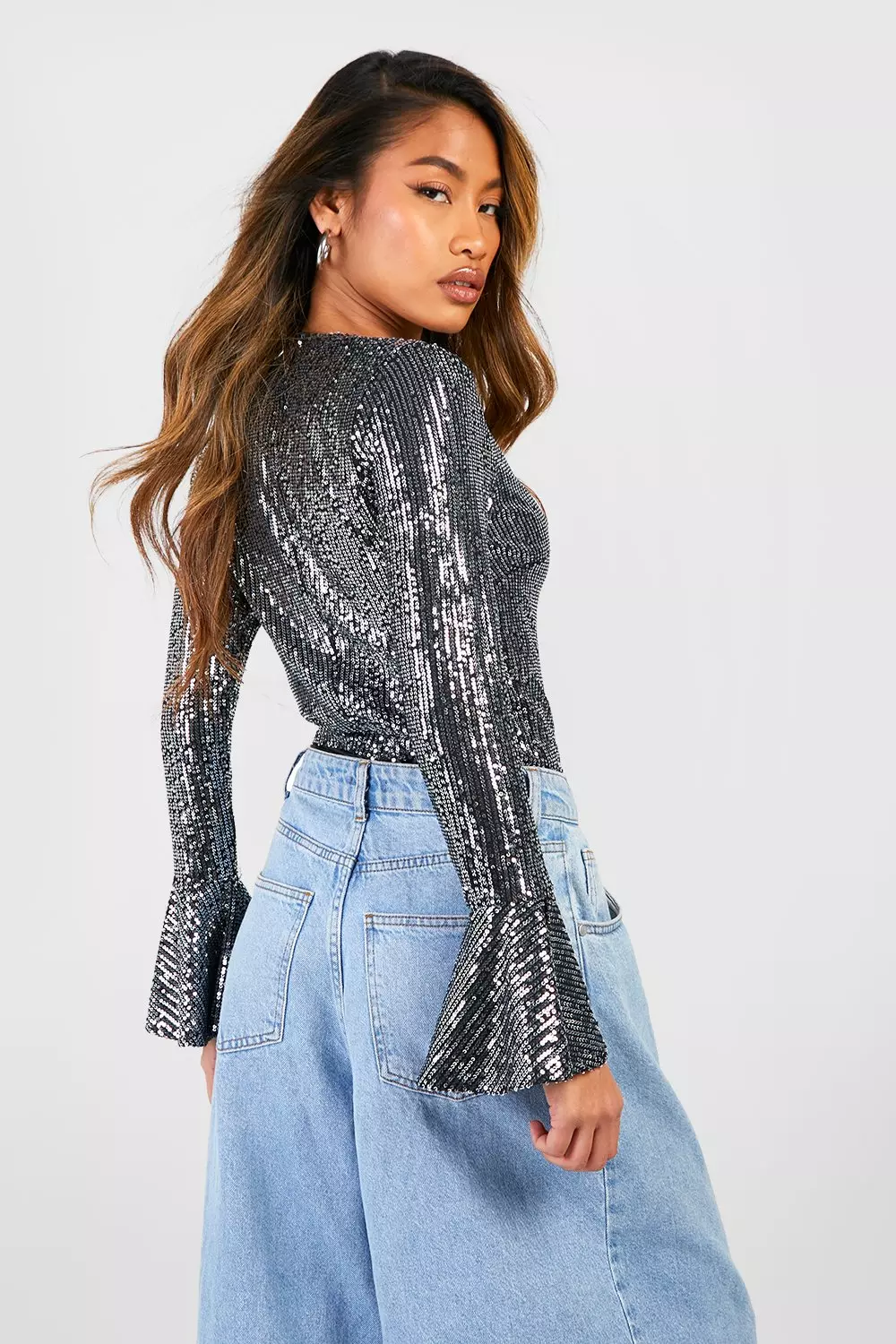 Sequin Wrap Ruffle Cuff Bodysuit