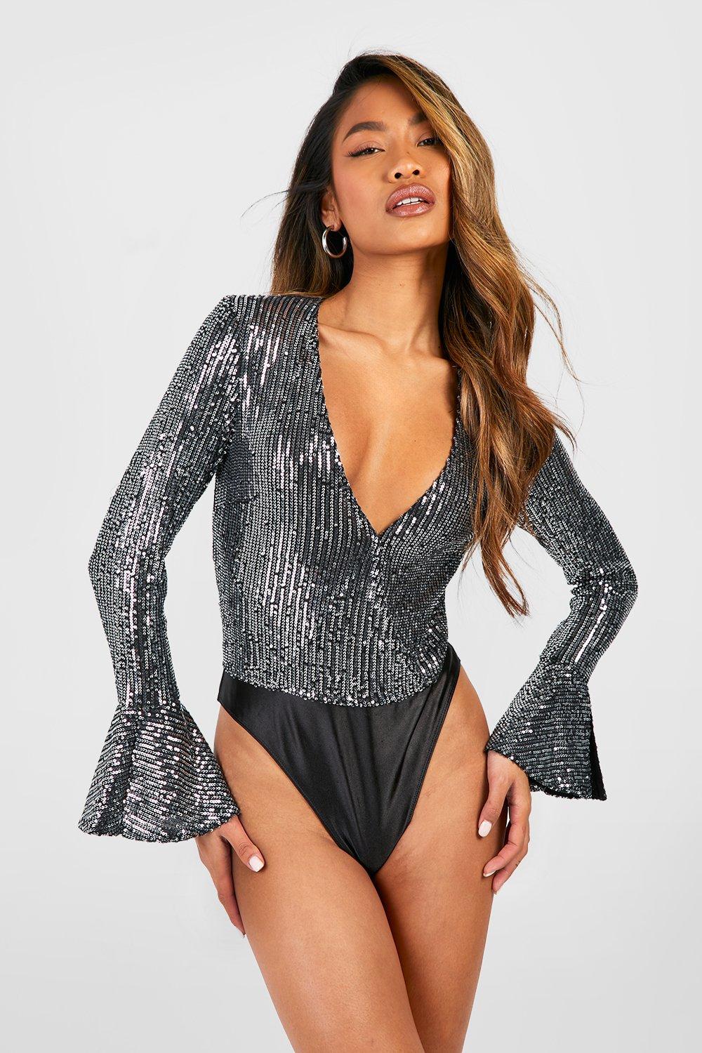 Sequin Wrap Ruffle Cuff Bodysuit