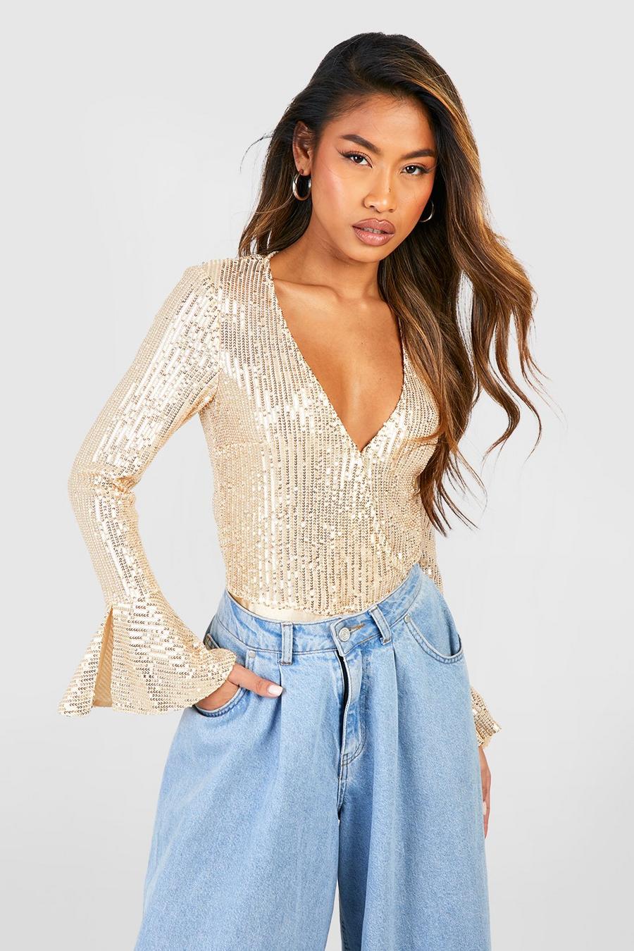 Gold Sequin Wrap Ruffle Cuff Bodysuit image number 1