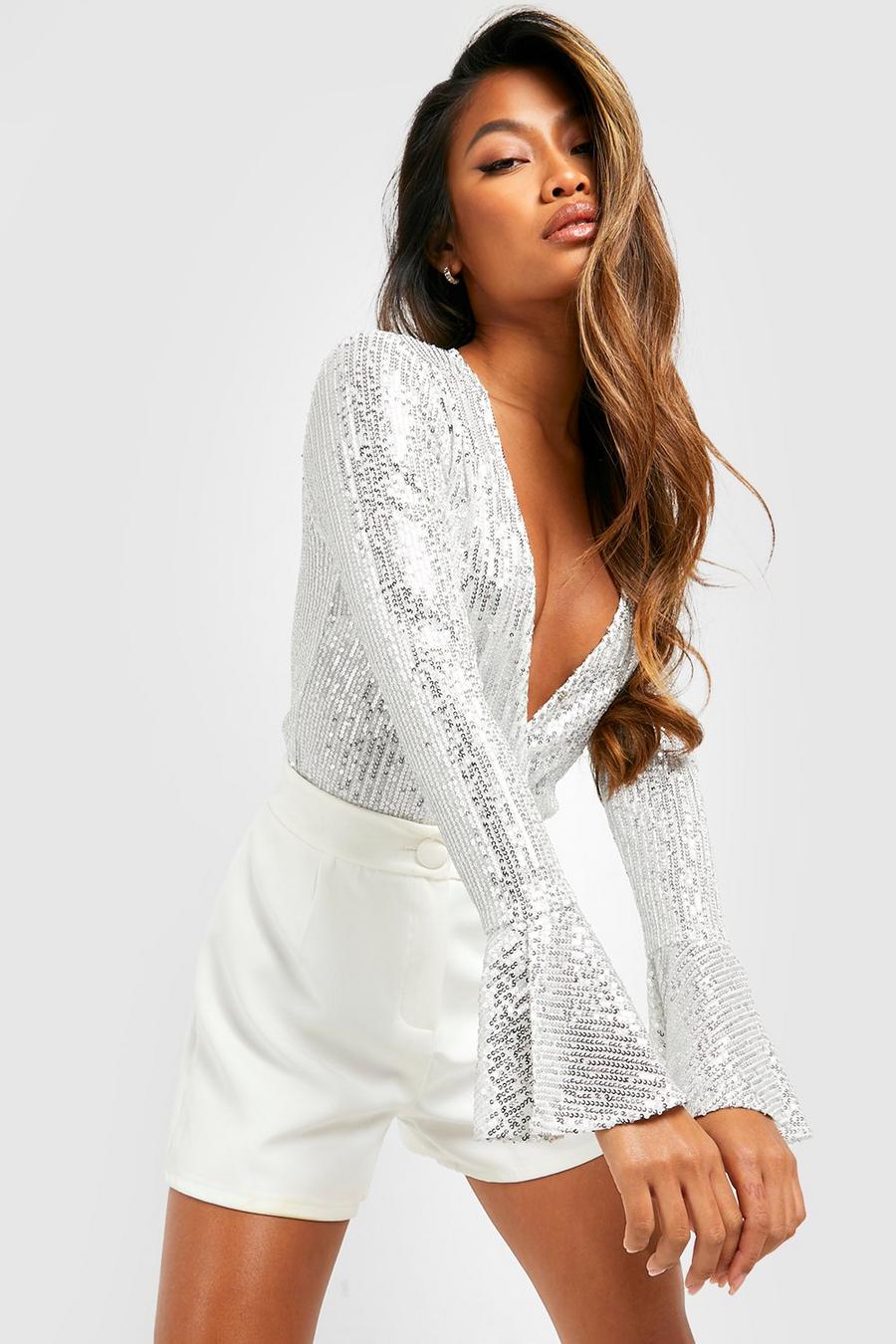 Silver Sequin Wrap Ruffle Cuff Bodysuit image number 1