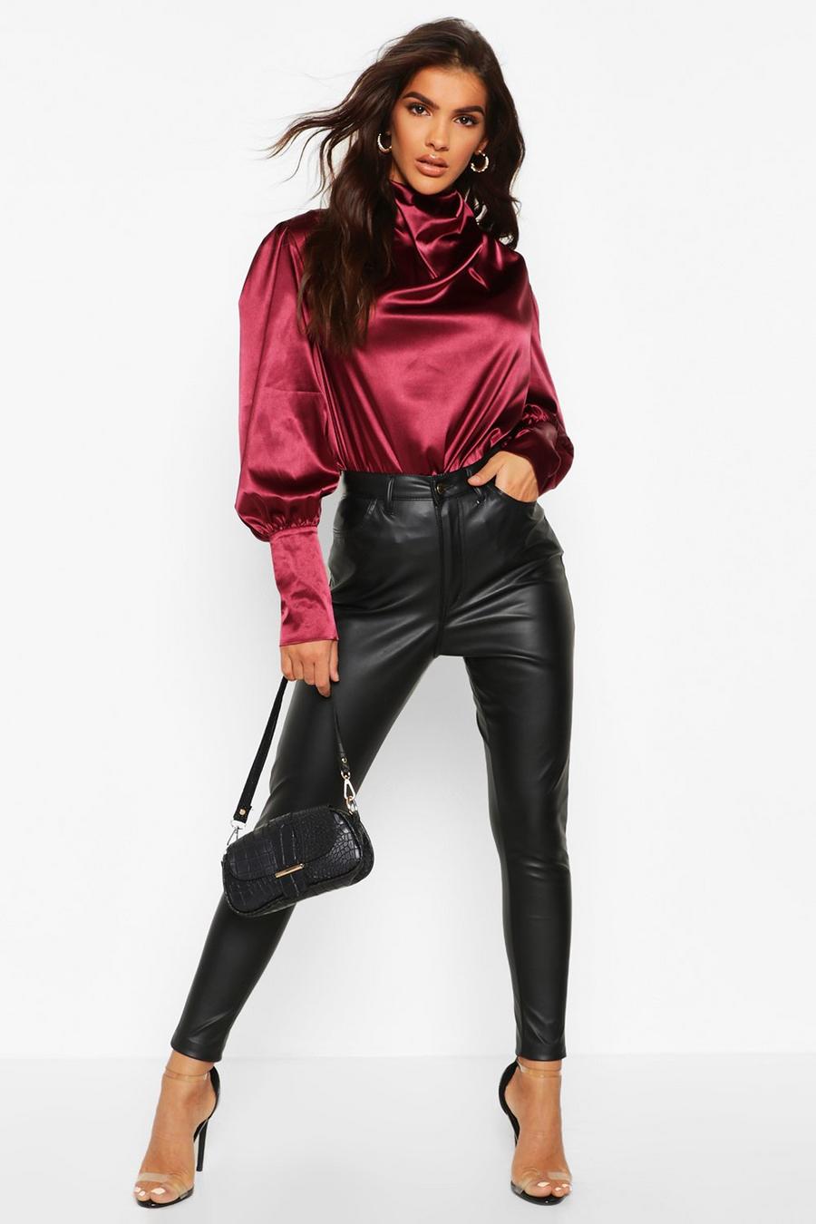 Berry Satin High Neck Oversized Blouse image number 1