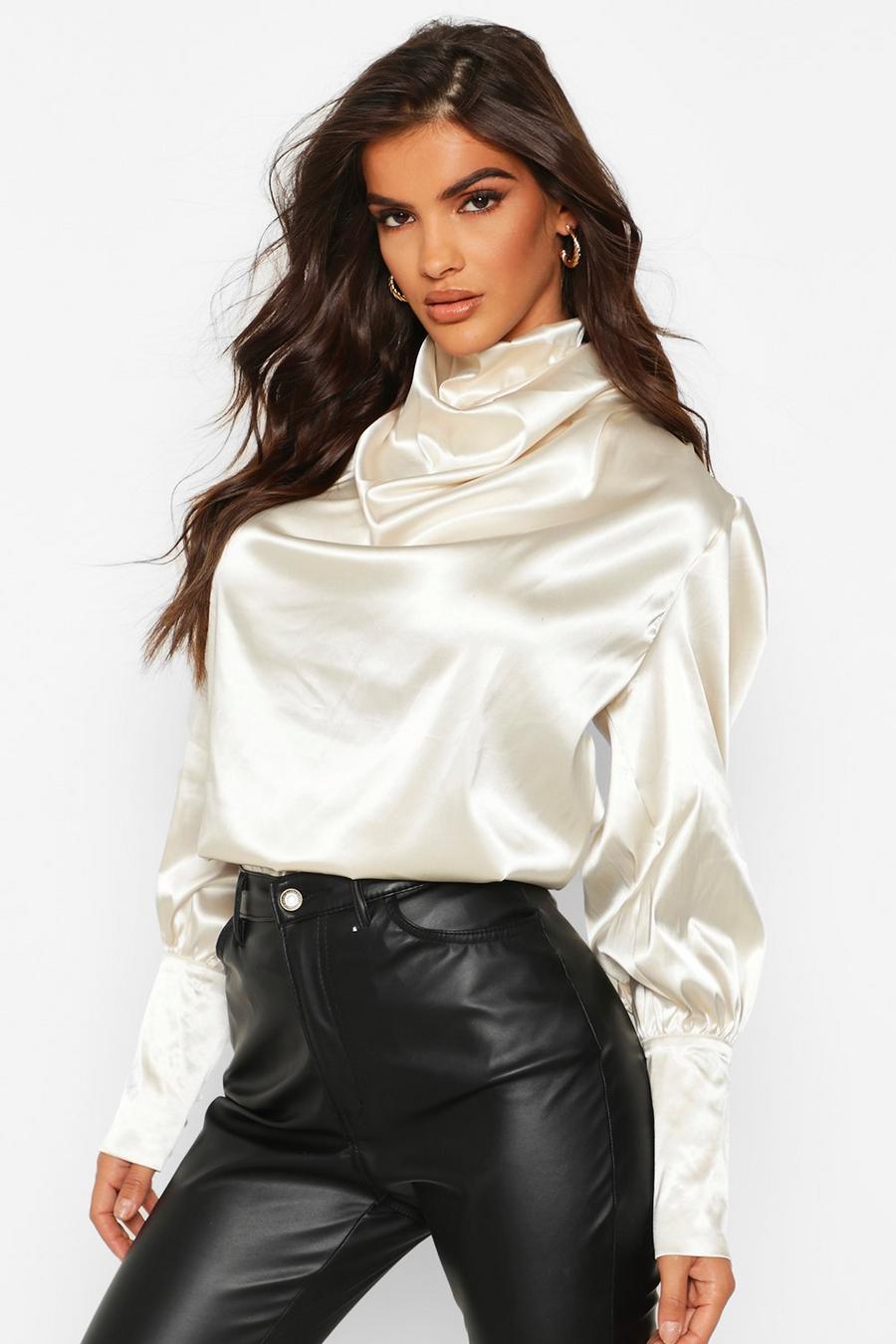 Champagne Satin High Neck Oversized Blouse image number 1