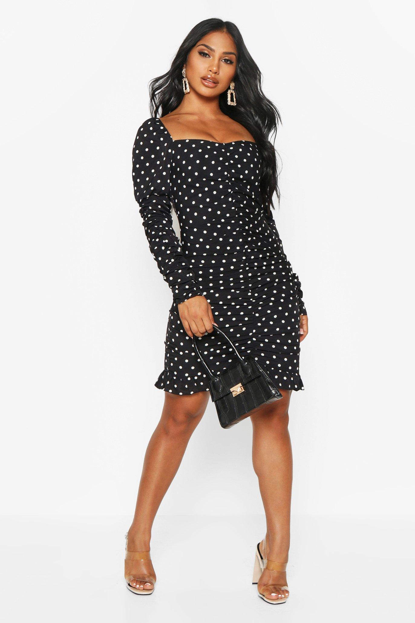 Women's Ruched Sweetheart Neck Polka 