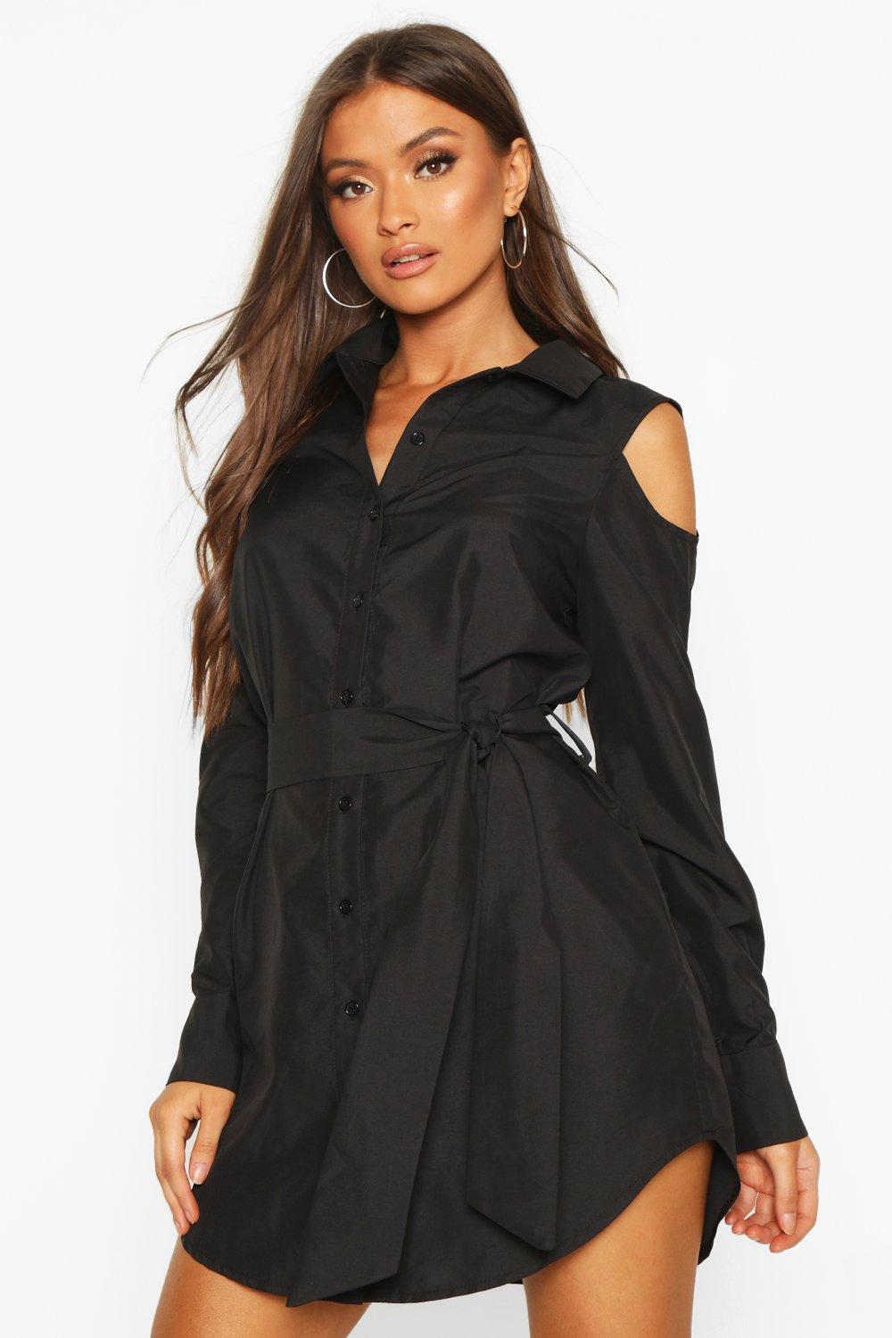 off the shoulder button down shirt dress