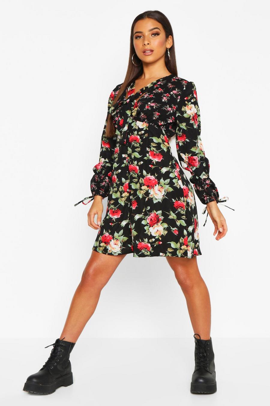 Vestido estilo blusón con lazo en contraste floral image number 1
