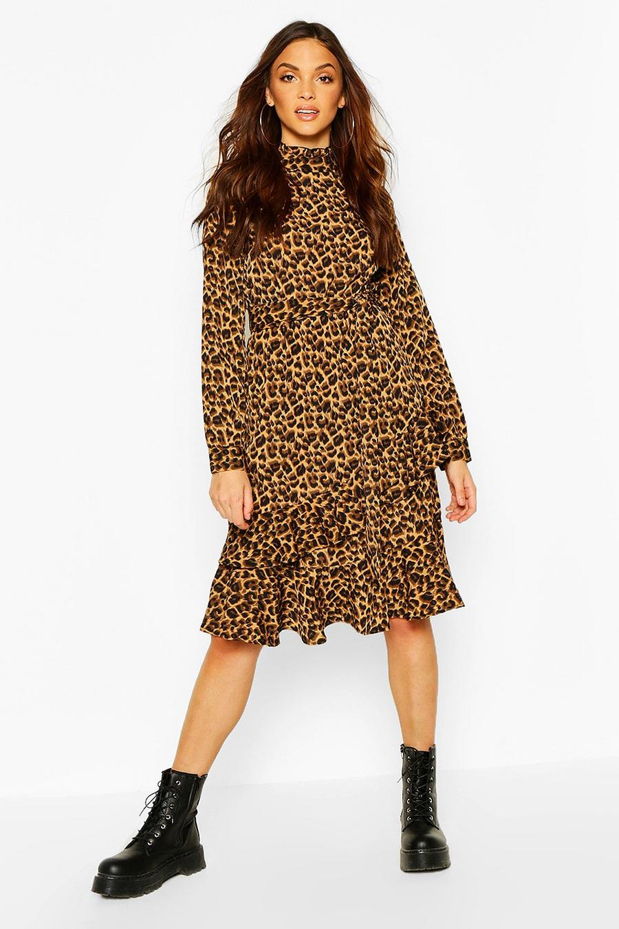 Brown Leopard Print High Neck Ruffle Midi Dress image number 1