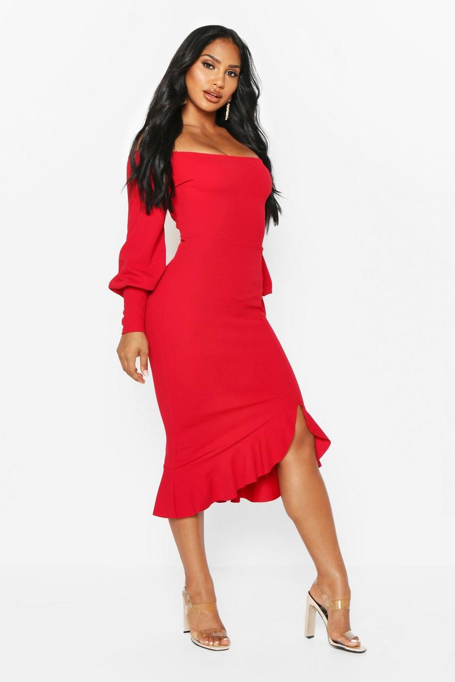 Off The Shoulder Balloon Sleeve Ruffle Midi Dress image number 1