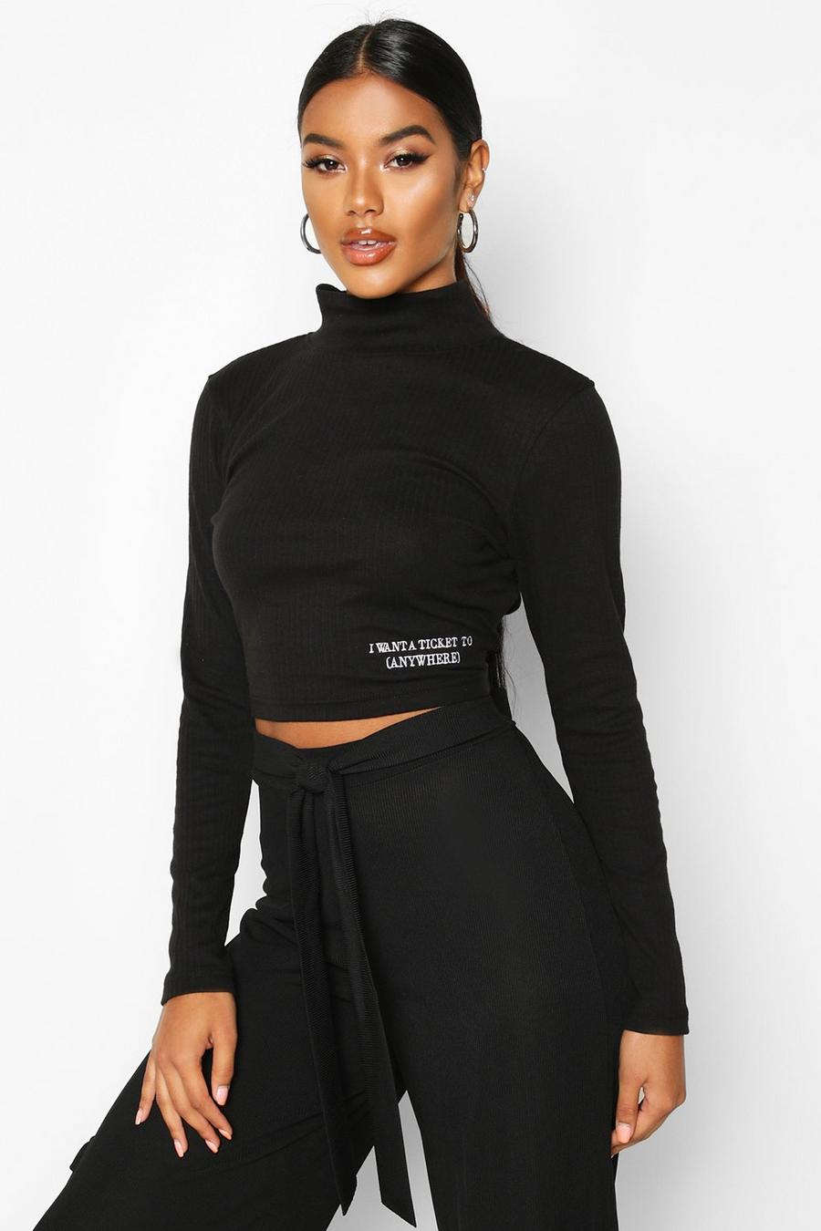 Long Sleeve Small Slogan High Neck Crop image number 1