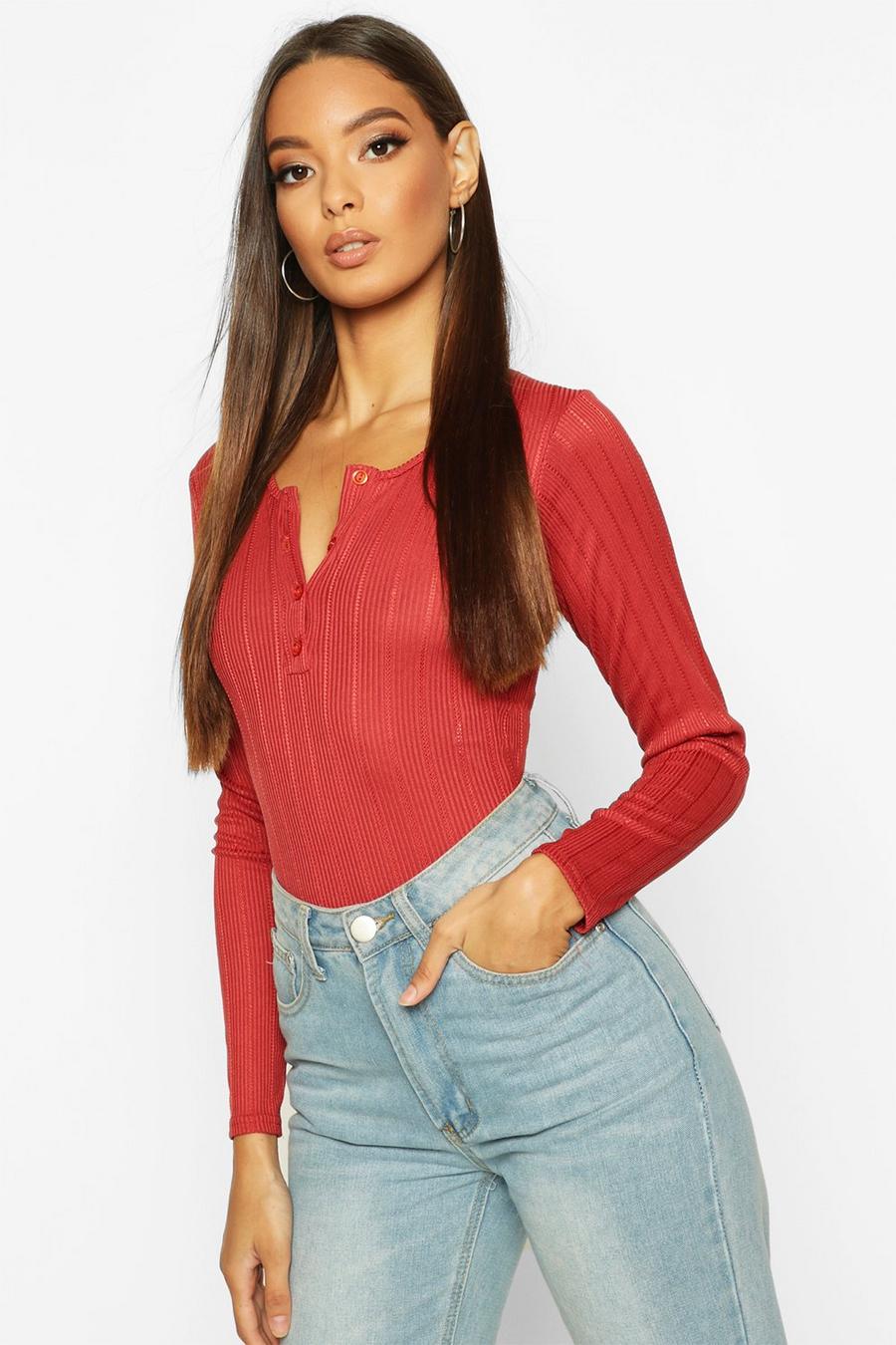 Brick Long Sleeve Ribbed Button Up Bodysuit image number 1
