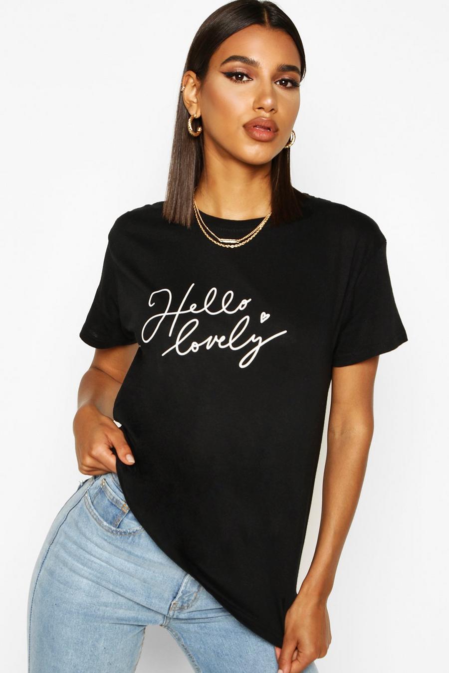 T-Shirt mit Slogan „Hello Lovely“, Schwarz image number 1