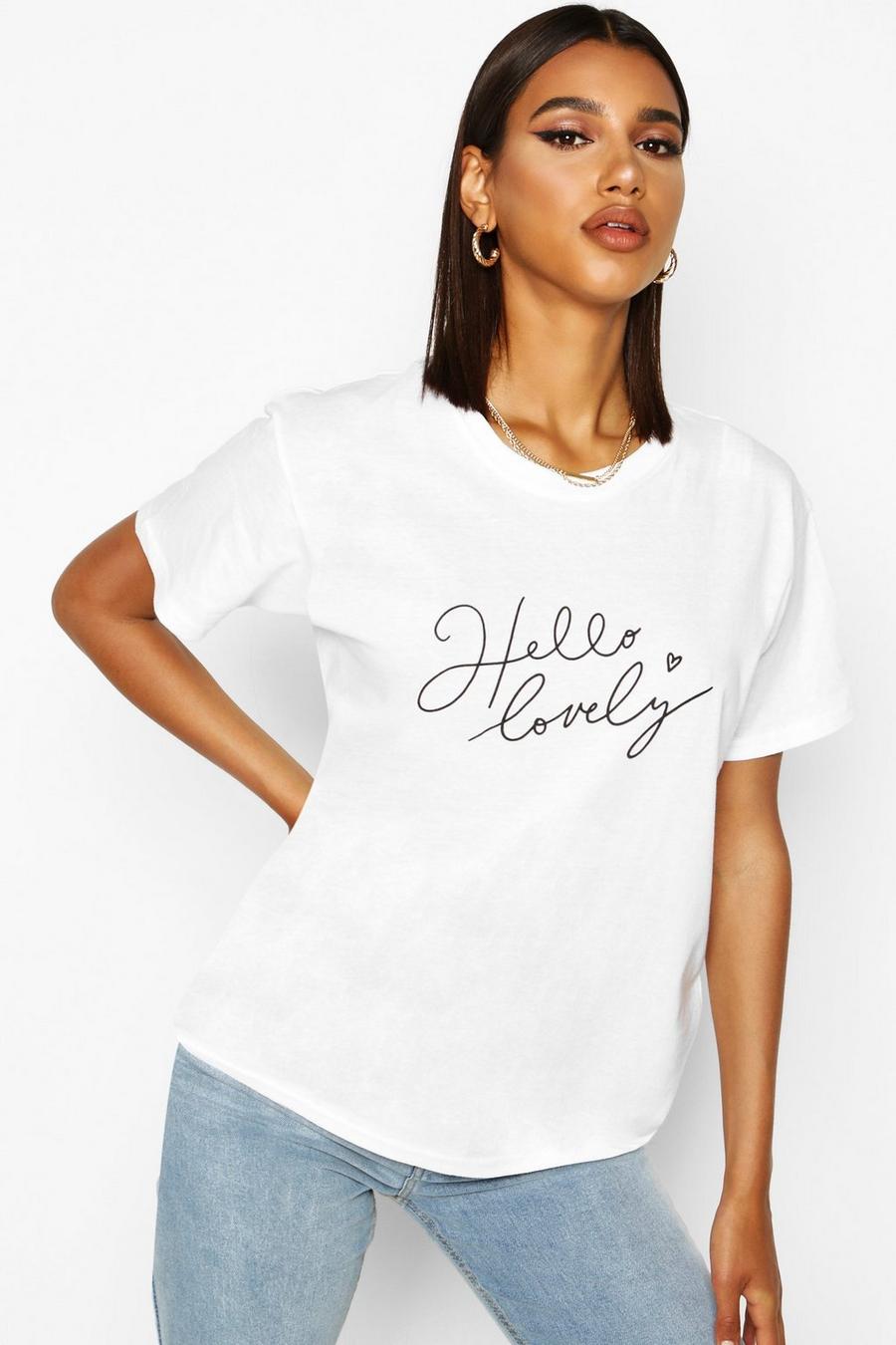 White "Hello lovely" t-shirt med slogan image number 1