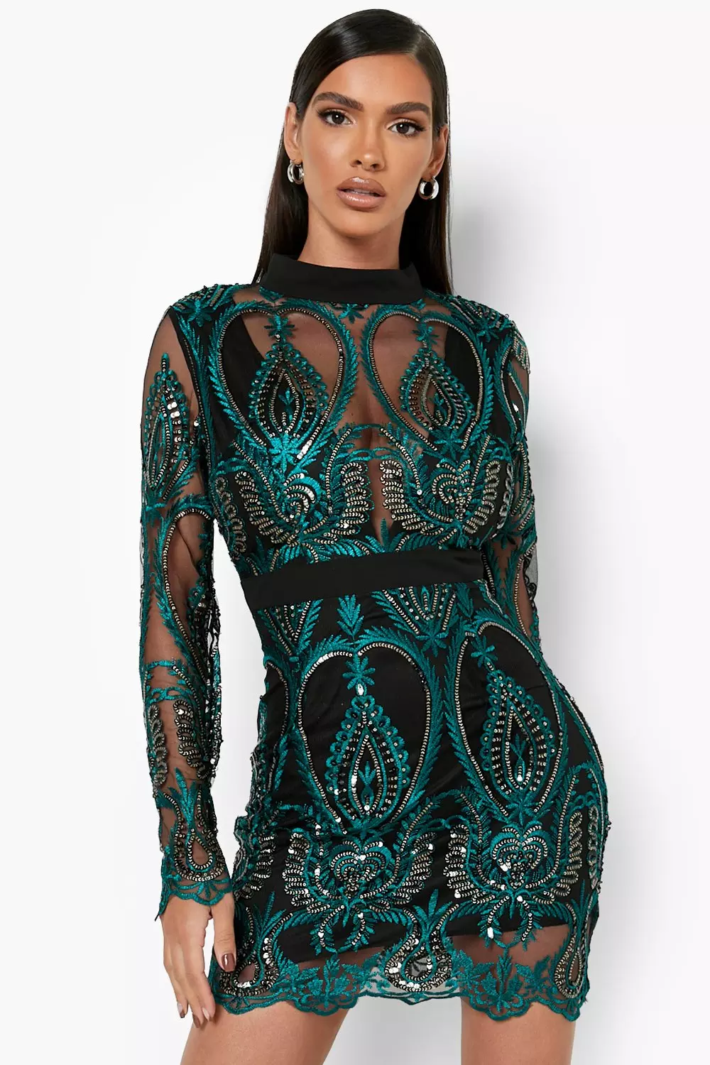 Green Sequin Damask Cupped Mini Party Dress alternative image