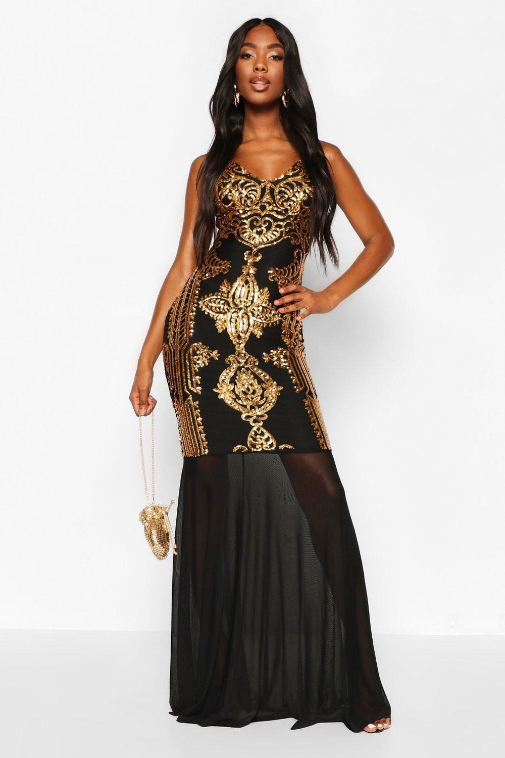 Sequin Demask Plunge Mesh Fishtail Maxi Dress boohoo UK