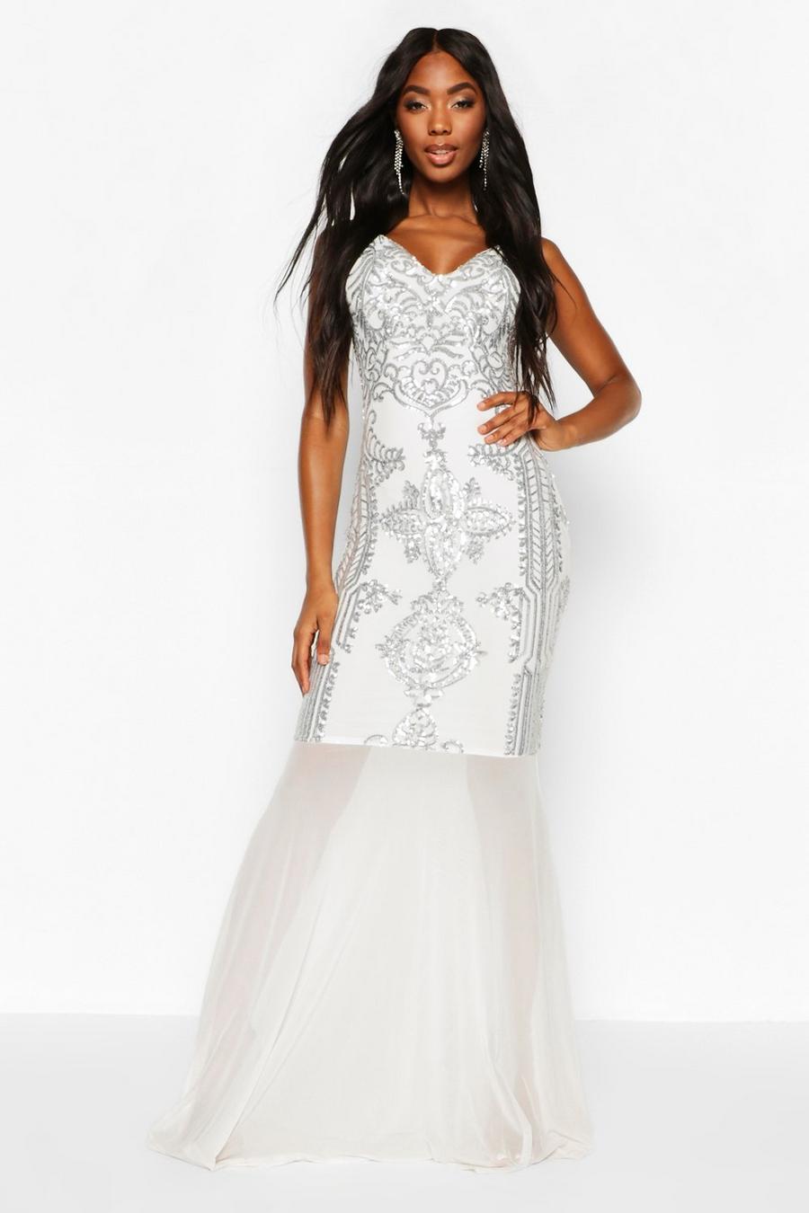 לבן שמלת מקסי מבד דמשק עם פייטים, מחשוף עמוק וזנב דג מבד רשת image number 1